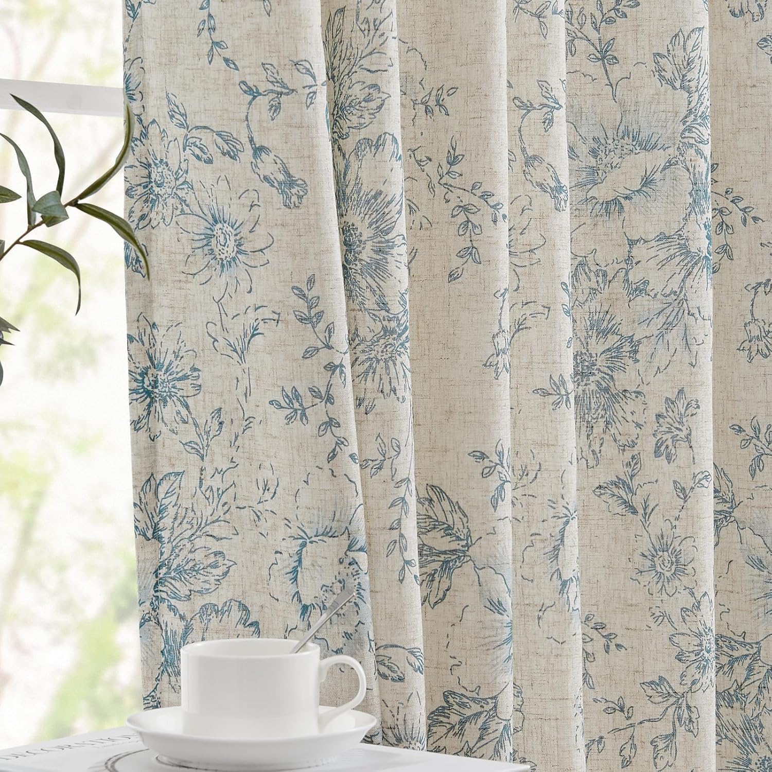 jinchan Linen Blend Curtain Floral Curtains for Living Room 108 Inch Length Black Printed Curtain Rod Pocket Back Tab Farmhouse Peony Flower Patterned Drapes Bedroom Window Curtains Set 2 Panels