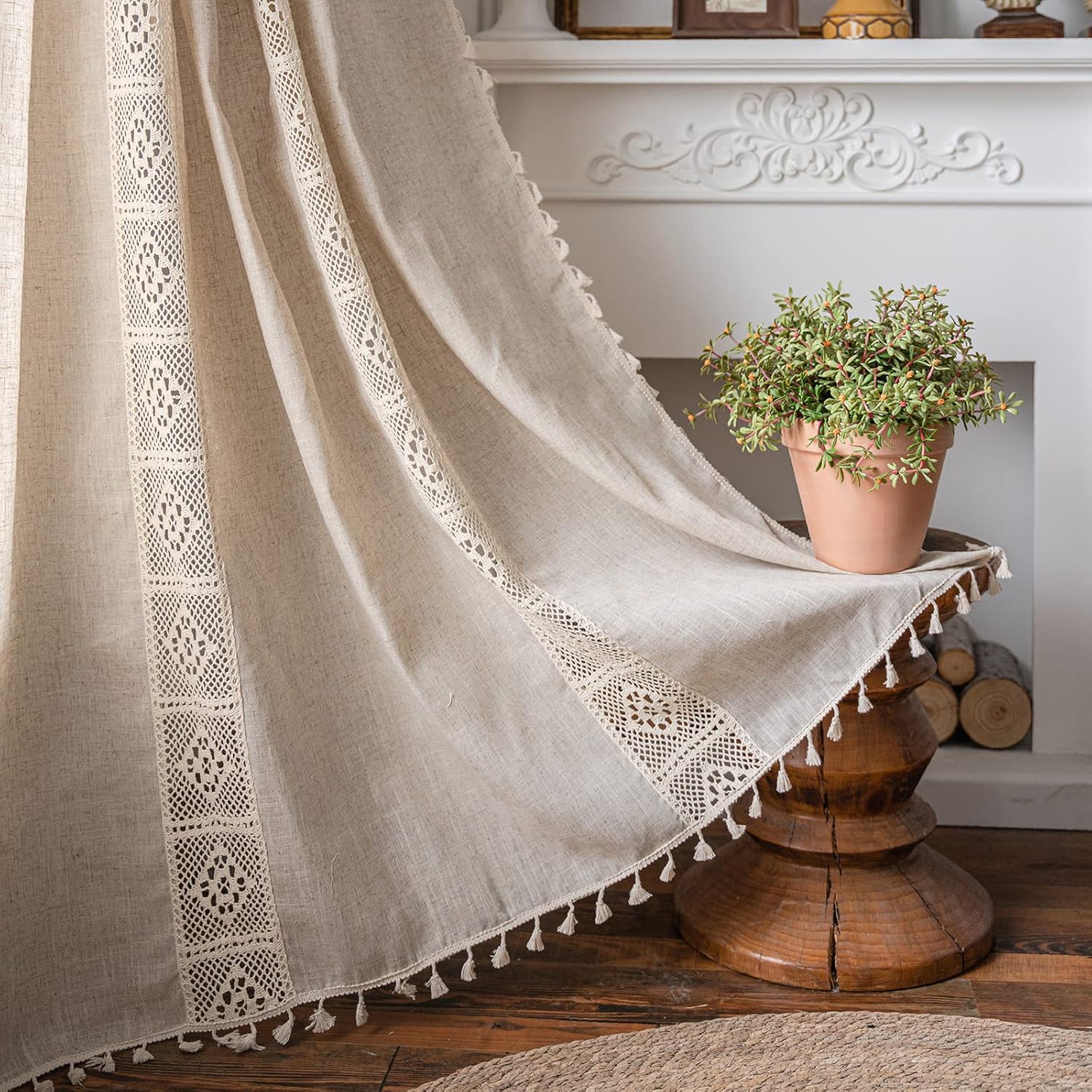 ENJOYBRIDAL Floral Bedroom Curtains 84 Inch Length 2 Panels Set Farmhouse Semi Sheer Living Room Drapes Cotton Linen Blend Bohemian Window Curtain Panels with Tassel Beige Rod Pocket Drapes