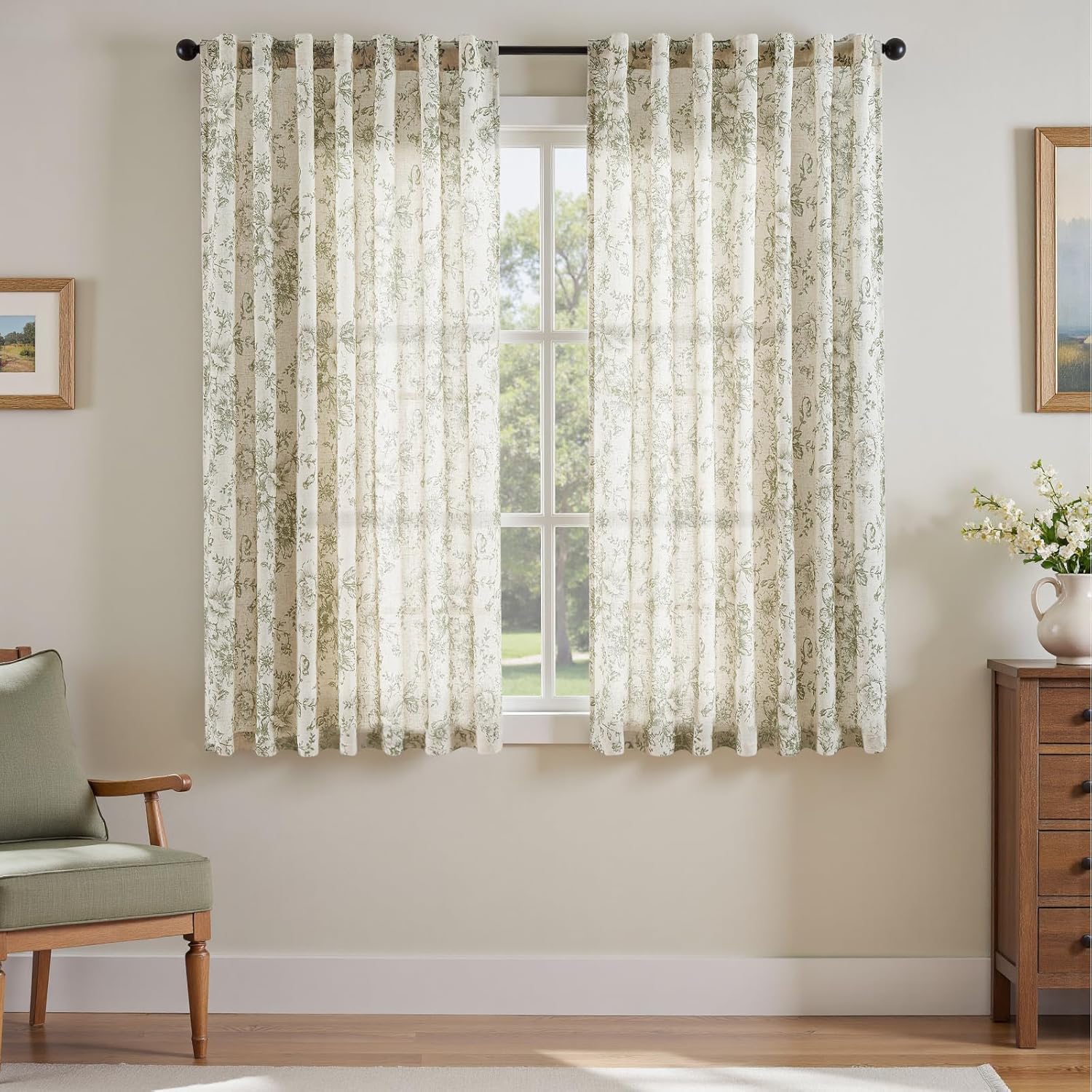 jinchan Linen Blend Curtain Floral Curtains for Living Room 108 Inch Length Black Printed Curtain Rod Pocket Back Tab Farmhouse Peony Flower Patterned Drapes Bedroom Window Curtains Set 2 Panels
