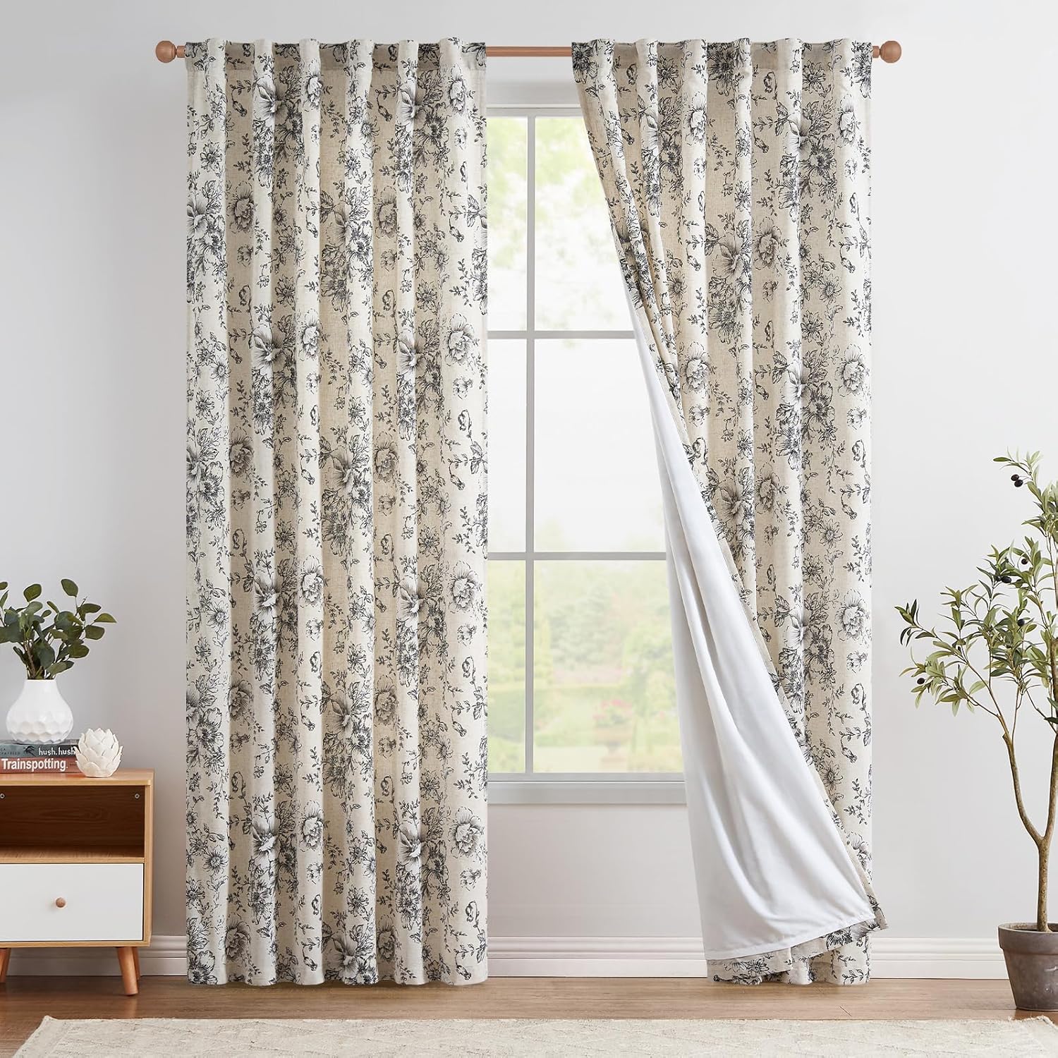 jinchan Linen Blend Curtain Floral Curtains for Living Room 108 Inch Length Black Printed Curtain Rod Pocket Back Tab Farmhouse Peony Flower Patterned Drapes Bedroom Window Curtains Set 2 Panels