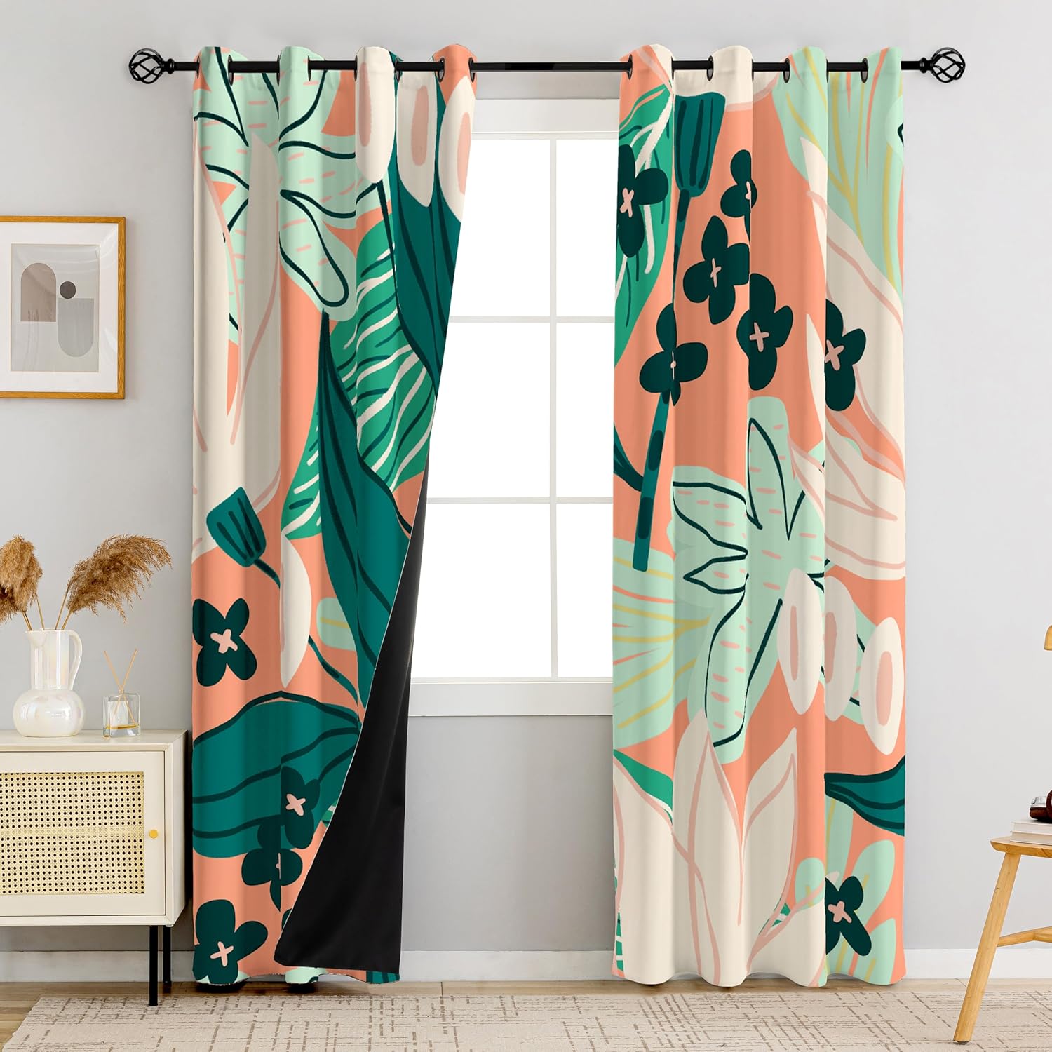 Black Boho Floral 100% Blackout Curtains for Bedroom 96 inch Long 2 Panels Mid Century Botanical Black Out Curtains for Living Room Grommet Thermal Insulated Room Darkening Window Drapes,52Wx96L