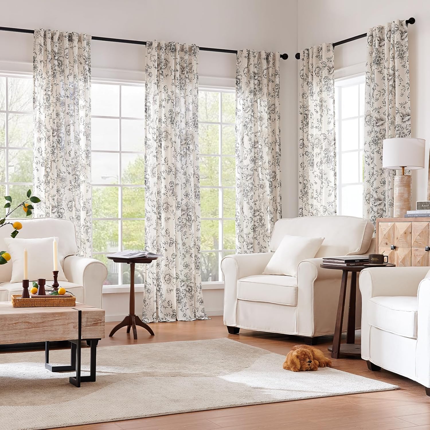 jinchan Linen Blend Curtain Floral Curtains for Living Room 108 Inch Length Black Printed Curtain Rod Pocket Back Tab Farmhouse Peony Flower Patterned Drapes Bedroom Window Curtains Set 2 Panels