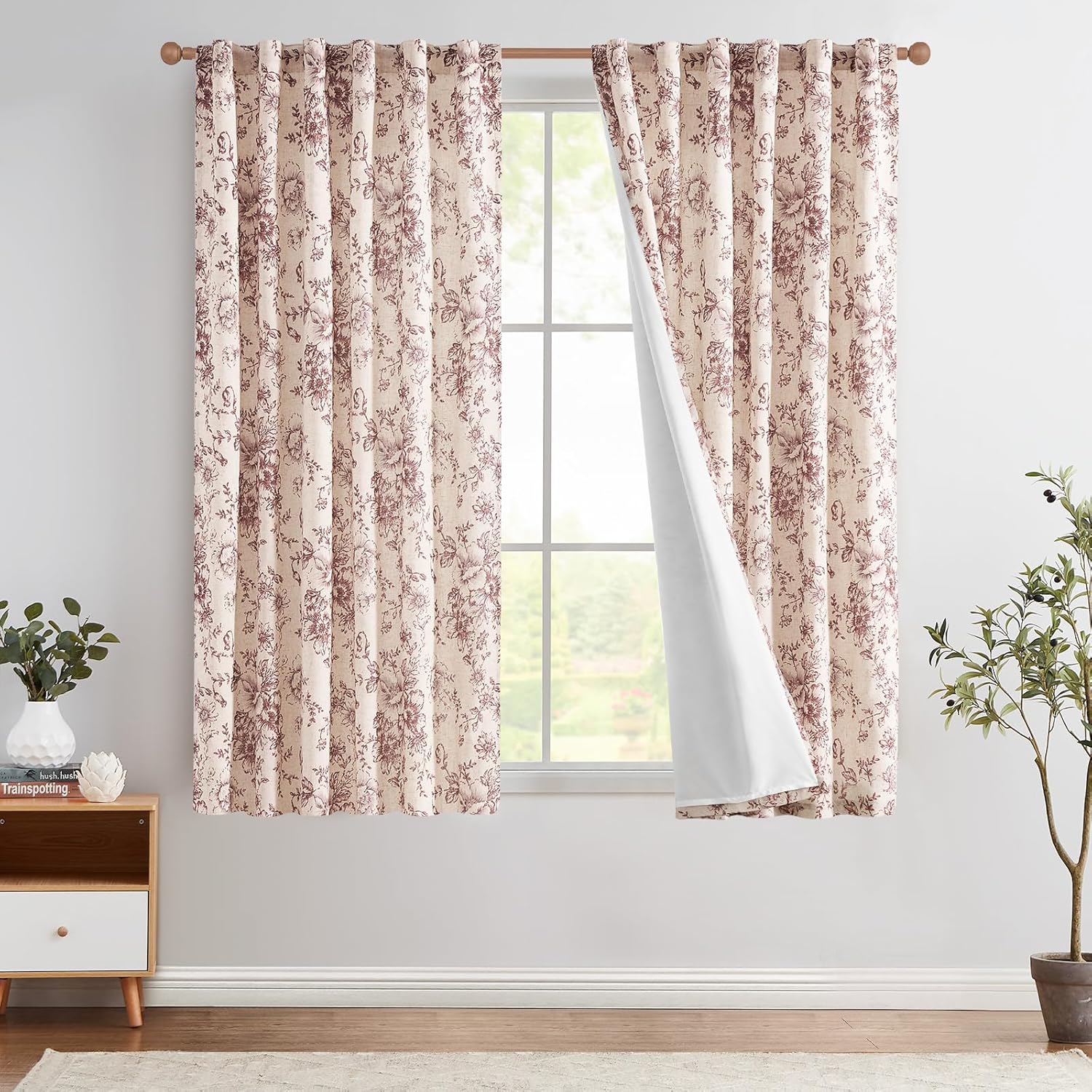 jinchan Linen Blend Curtain Floral Curtains for Living Room 108 Inch Length Black Printed Curtain Rod Pocket Back Tab Farmhouse Peony Flower Patterned Drapes Bedroom Window Curtains Set 2 Panels