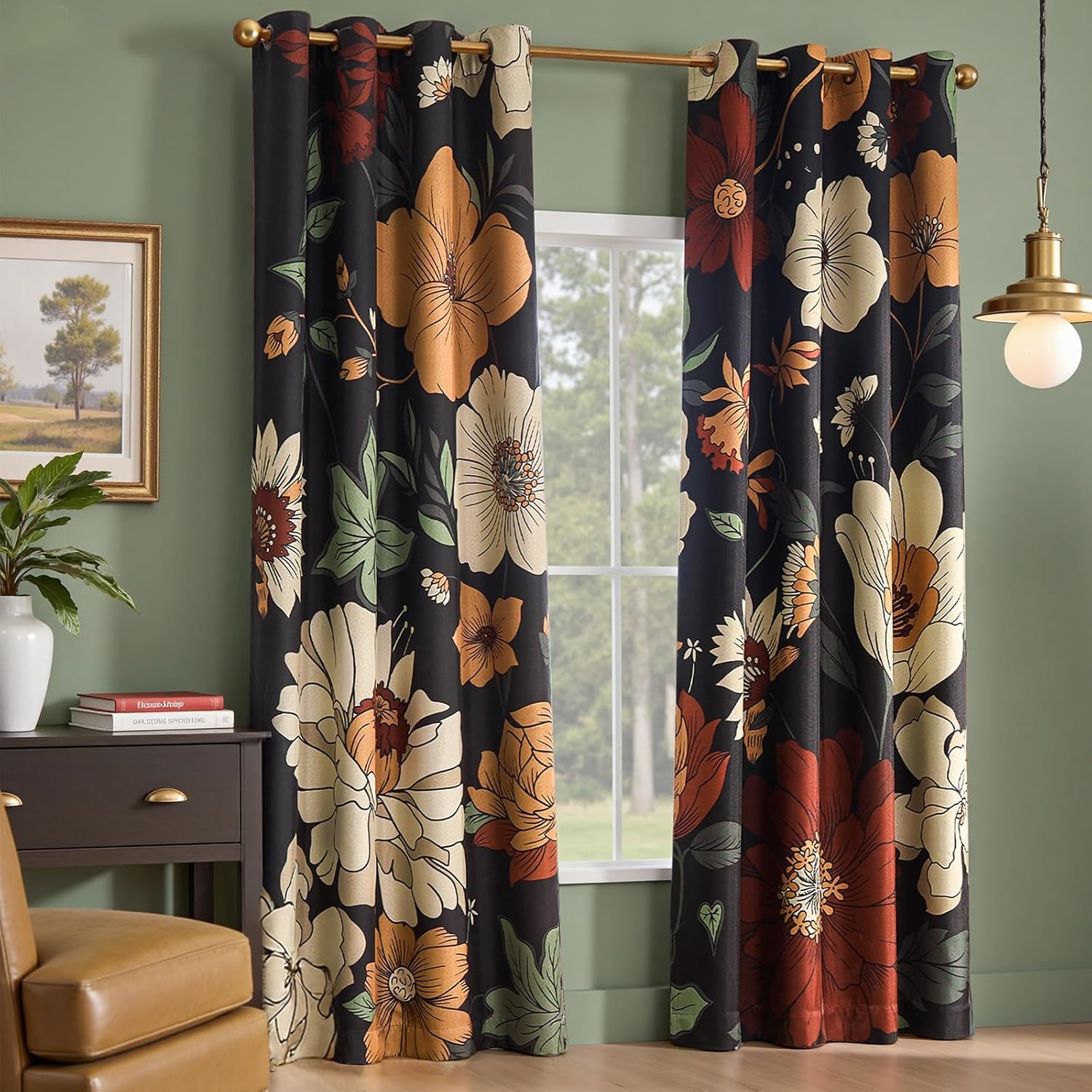jinchan Lora Floral Curtains for Bedroom Blackout Drapes for Living Room Darkening Fabric Fall Decor Winter Vintage Flower Pattern Printed Window Curtains 84 Inches Length 2 Panels with Grommet Black