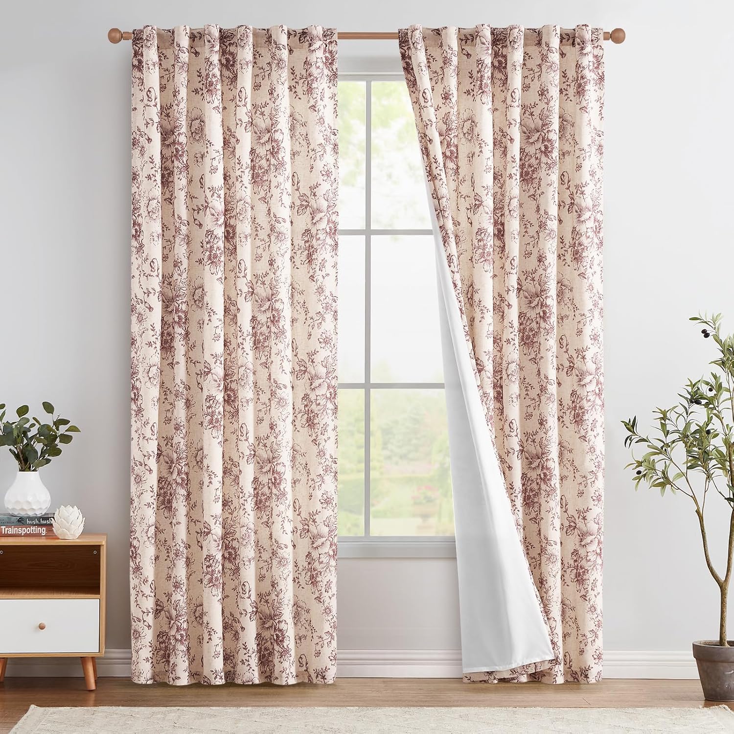 jinchan Linen Blend Curtain Floral Curtains for Living Room 108 Inch Length Black Printed Curtain Rod Pocket Back Tab Farmhouse Peony Flower Patterned Drapes Bedroom Window Curtains Set 2 Panels