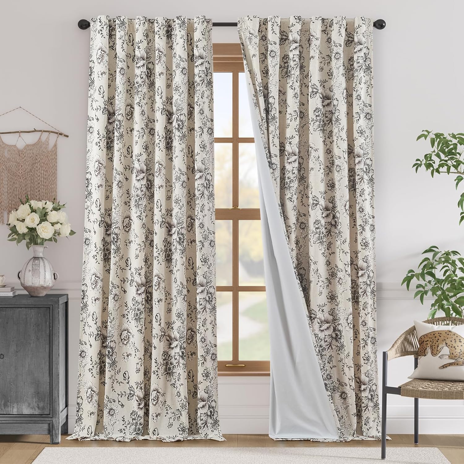 jinchan Linen Blend Curtain Floral Curtains for Living Room 108 Inch Length Black Printed Curtain Rod Pocket Back Tab Farmhouse Peony Flower Patterned Drapes Bedroom Window Curtains Set 2 Panels