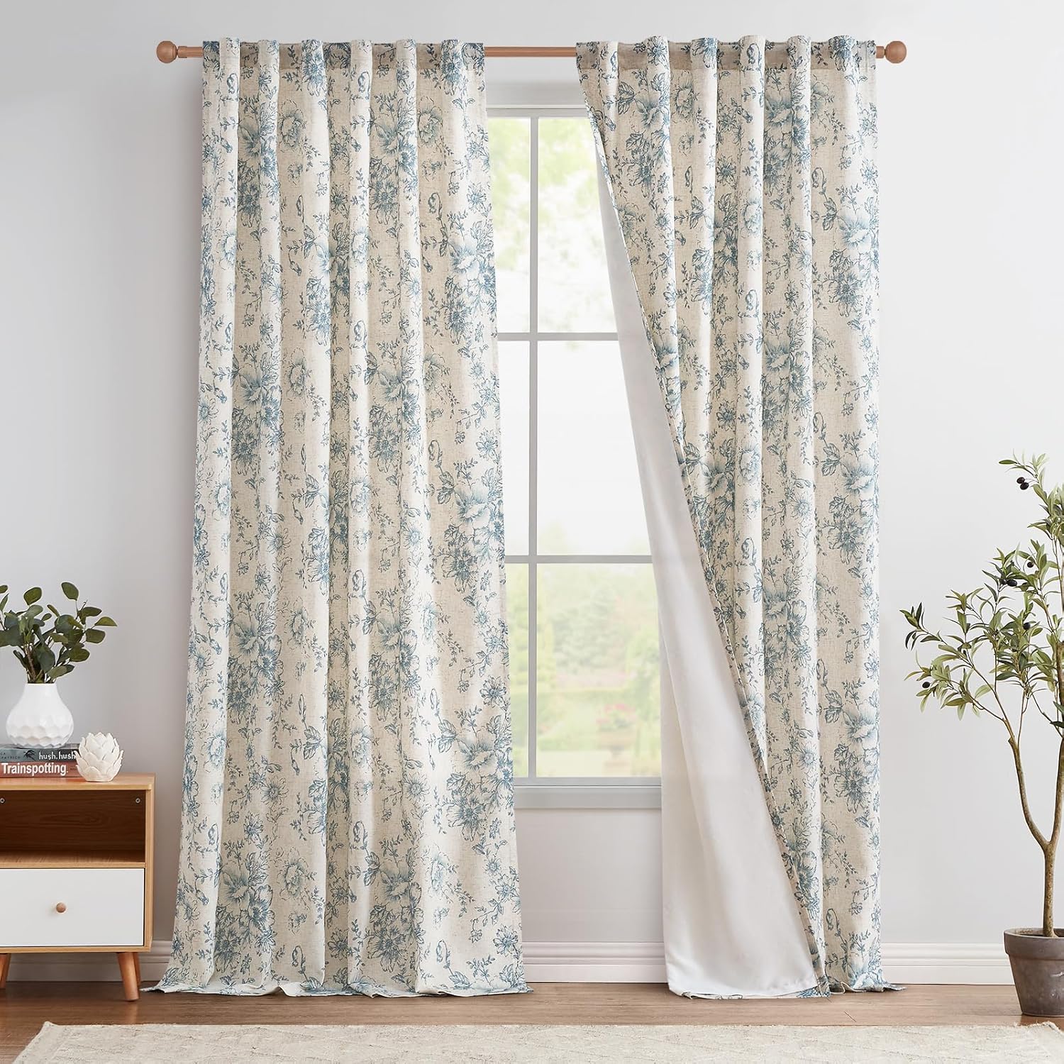 jinchan Linen Blend Curtain Floral Curtains for Living Room 108 Inch Length Black Printed Curtain Rod Pocket Back Tab Farmhouse Peony Flower Patterned Drapes Bedroom Window Curtains Set 2 Panels