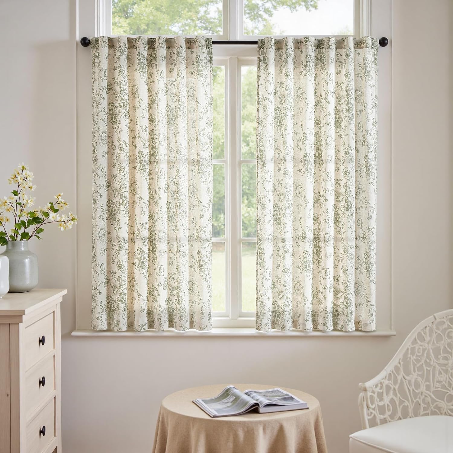 jinchan Linen Blend Curtain Floral Curtains for Living Room 108 Inch Length Black Printed Curtain Rod Pocket Back Tab Farmhouse Peony Flower Patterned Drapes Bedroom Window Curtains Set 2 Panels