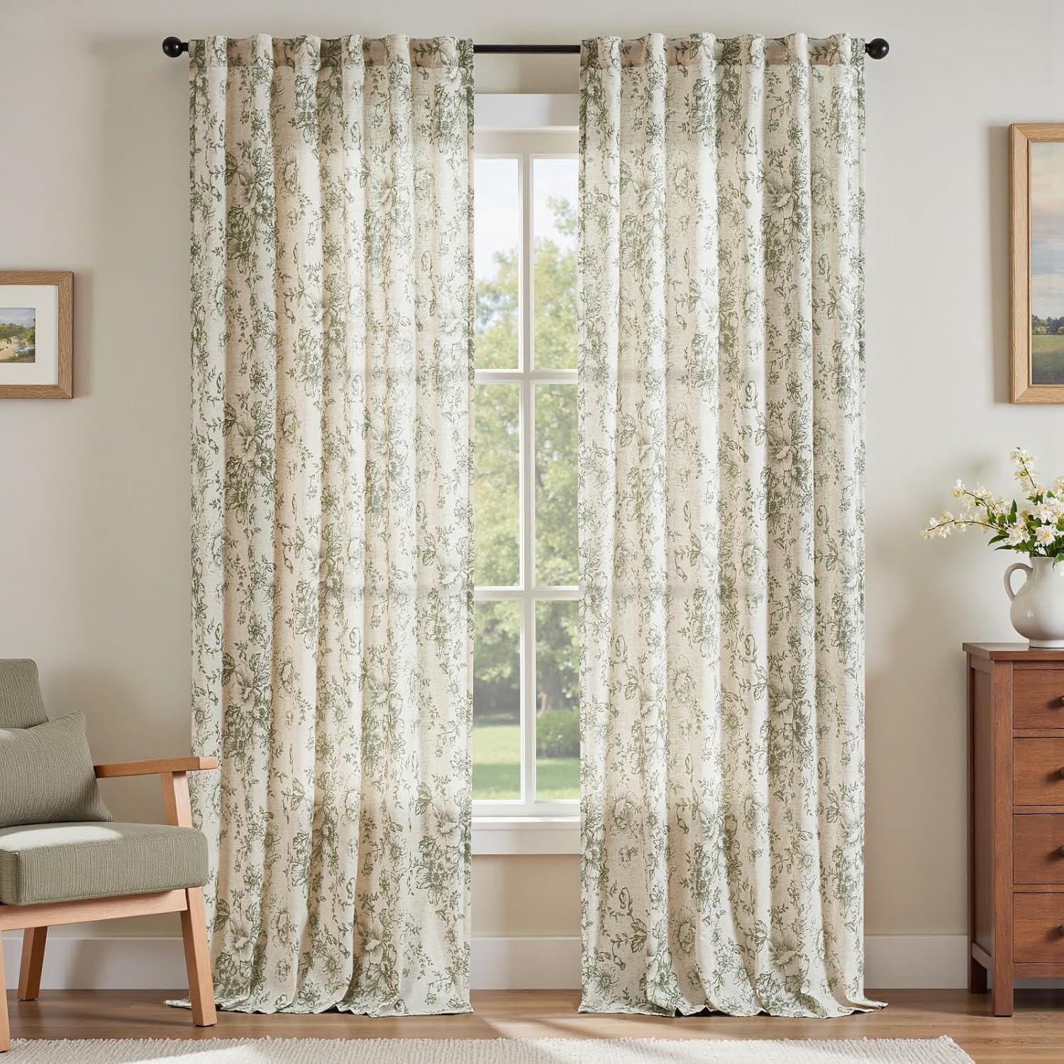 jinchan Linen Blend Curtain Floral Curtains for Living Room 108 Inch Length Black Printed Curtain Rod Pocket Back Tab Farmhouse Peony Flower Patterned Drapes Bedroom Window Curtains Set 2 Panels