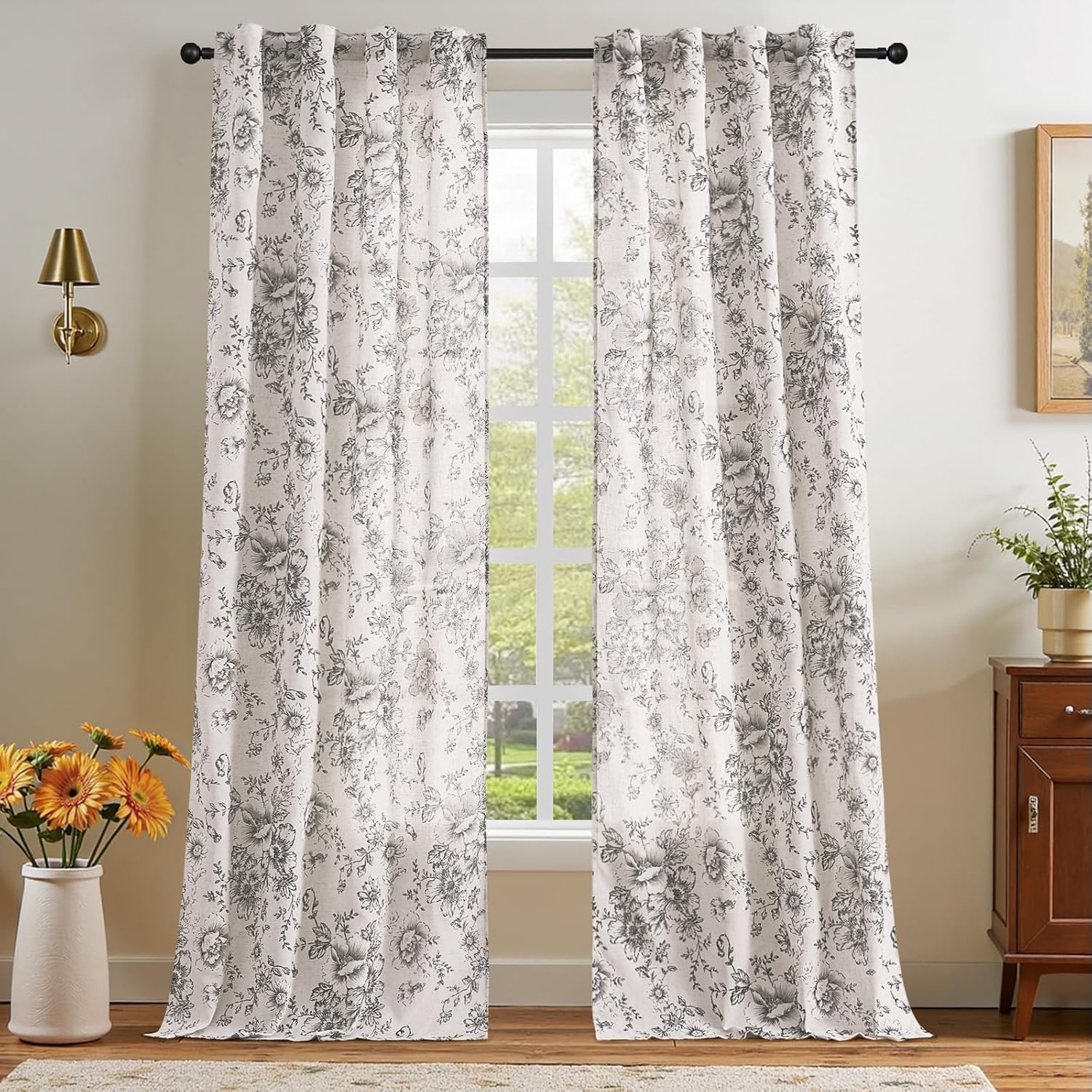 jinchan Linen Blend Curtain Floral Curtains for Living Room 108 Inch Length Black Printed Curtain Rod Pocket Back Tab Farmhouse Peony Flower Patterned Drapes Bedroom Window Curtains Set 2 Panels