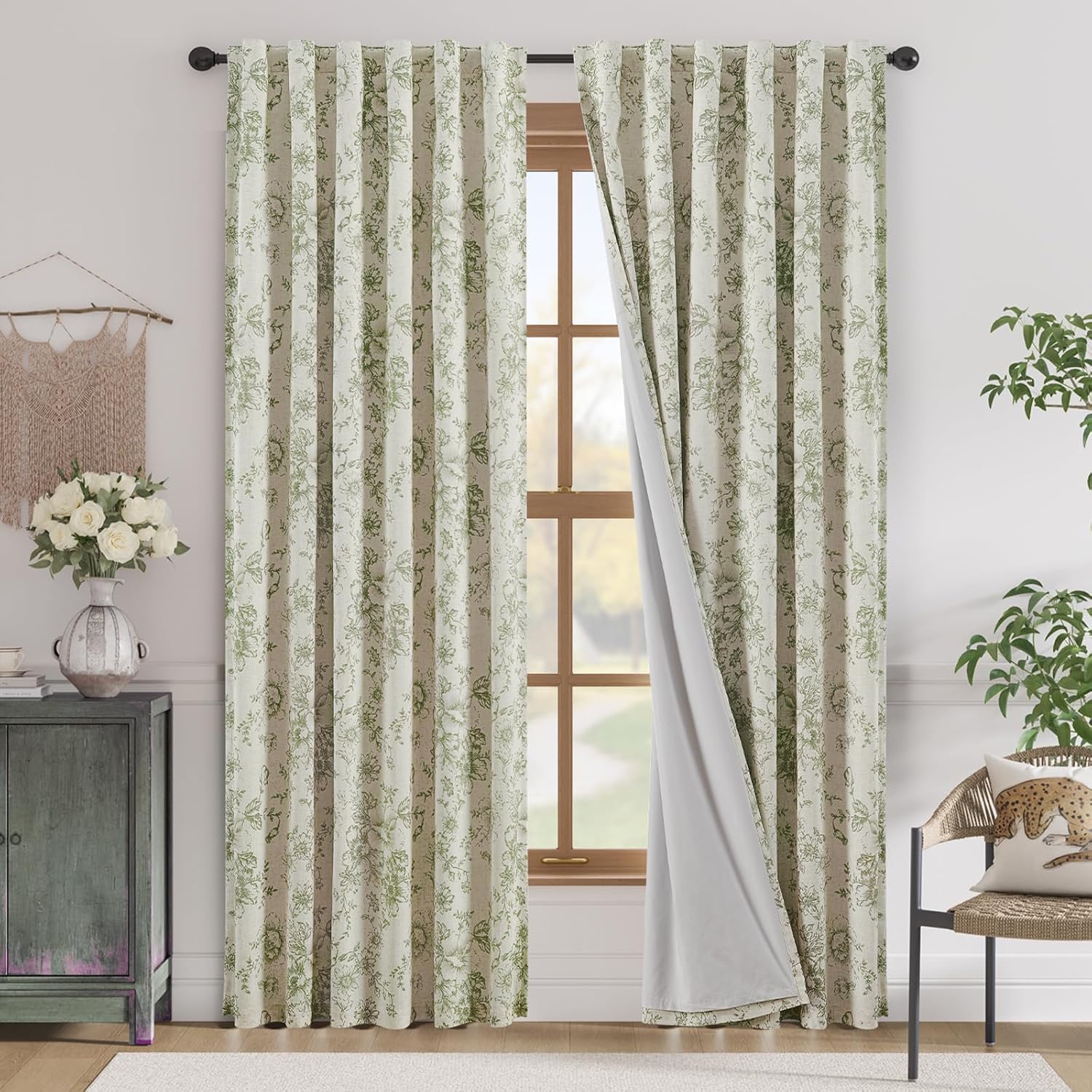 jinchan Linen Blend Curtain Floral Curtains for Living Room 108 Inch Length Black Printed Curtain Rod Pocket Back Tab Farmhouse Peony Flower Patterned Drapes Bedroom Window Curtains Set 2 Panels