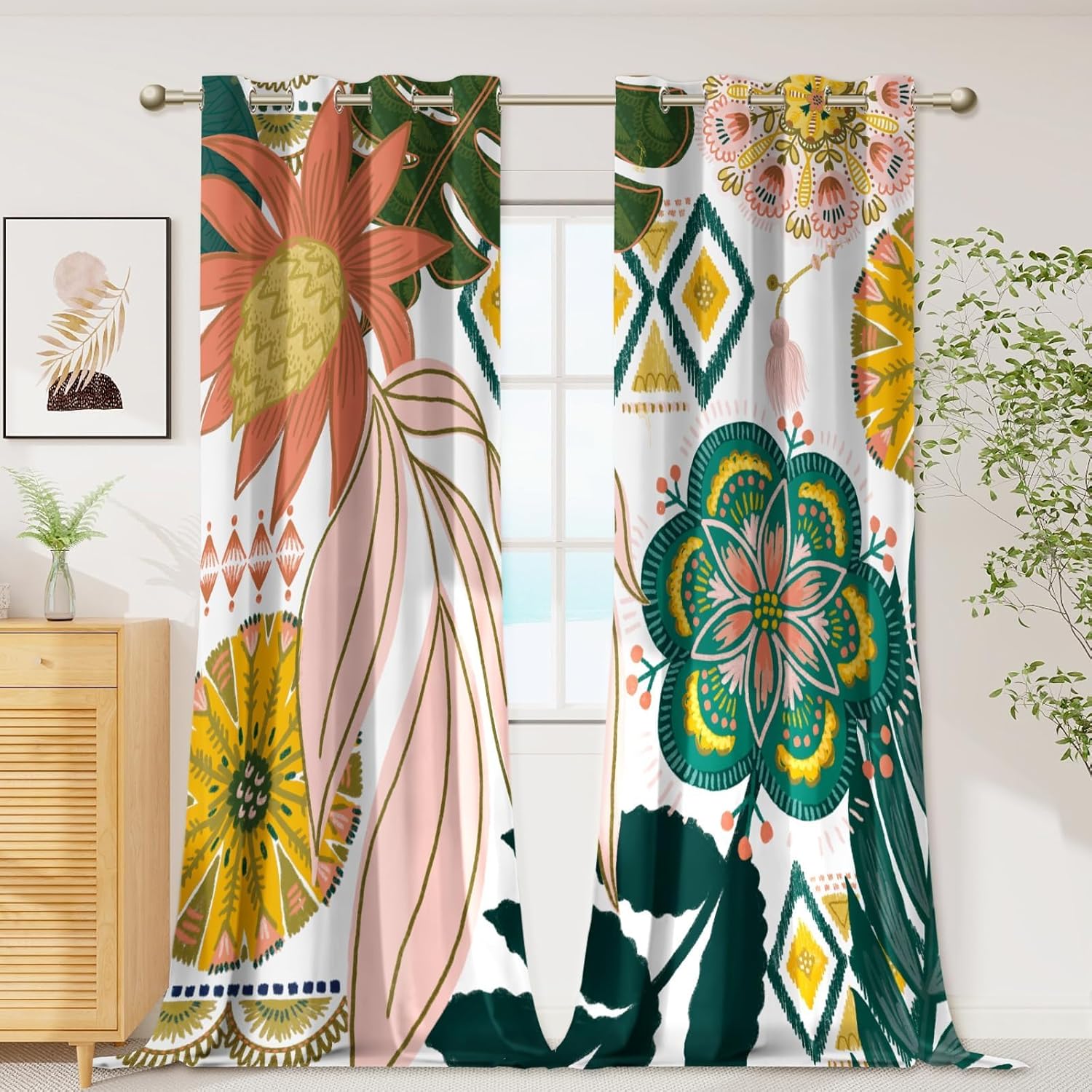 Black Boho Floral 100% Blackout Curtains for Bedroom 96 inch Long 2 Panels Mid Century Botanical Black Out Curtains for Living Room Grommet Thermal Insulated Room Darkening Window Drapes,52Wx96L