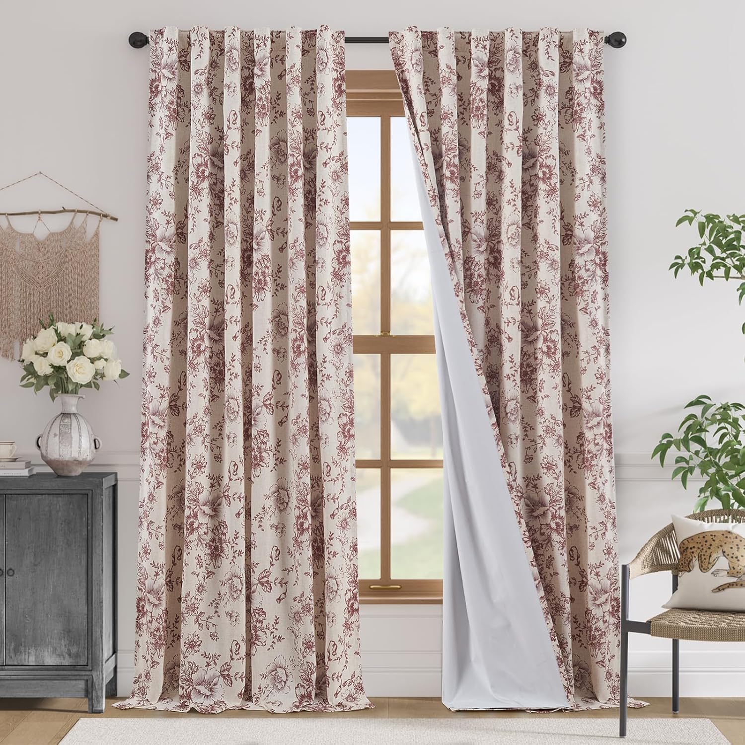 jinchan Linen Blend Curtain Floral Curtains for Living Room 108 Inch Length Black Printed Curtain Rod Pocket Back Tab Farmhouse Peony Flower Patterned Drapes Bedroom Window Curtains Set 2 Panels