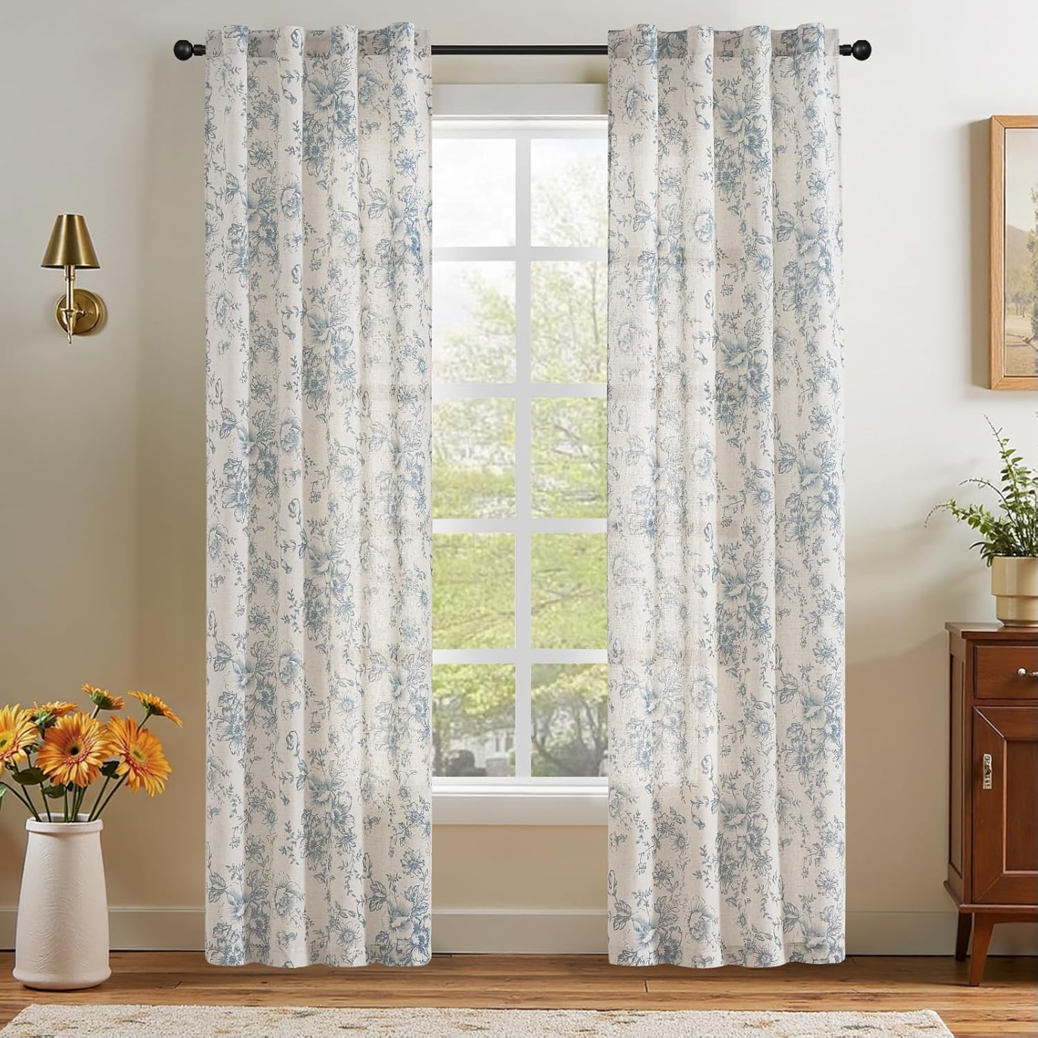 jinchan Linen Blend Curtain Floral Curtains for Living Room 108 Inch Length Black Printed Curtain Rod Pocket Back Tab Farmhouse Peony Flower Patterned Drapes Bedroom Window Curtains Set 2 Panels