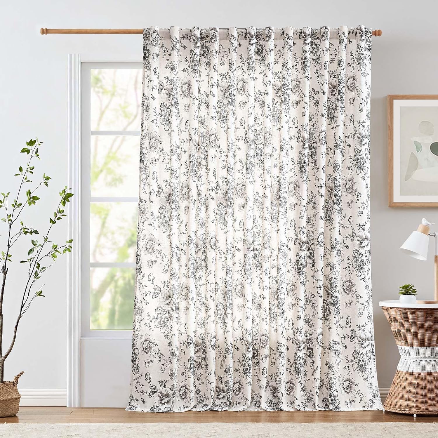 jinchan Linen Blend Curtain Floral Curtains for Living Room 108 Inch Length Black Printed Curtain Rod Pocket Back Tab Farmhouse Peony Flower Patterned Drapes Bedroom Window Curtains Set 2 Panels