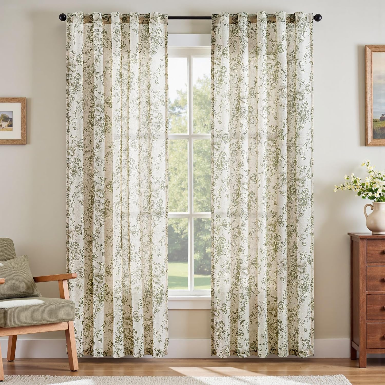 jinchan Linen Blend Curtain Floral Curtains for Living Room 108 Inch Length Black Printed Curtain Rod Pocket Back Tab Farmhouse Peony Flower Patterned Drapes Bedroom Window Curtains Set 2 Panels