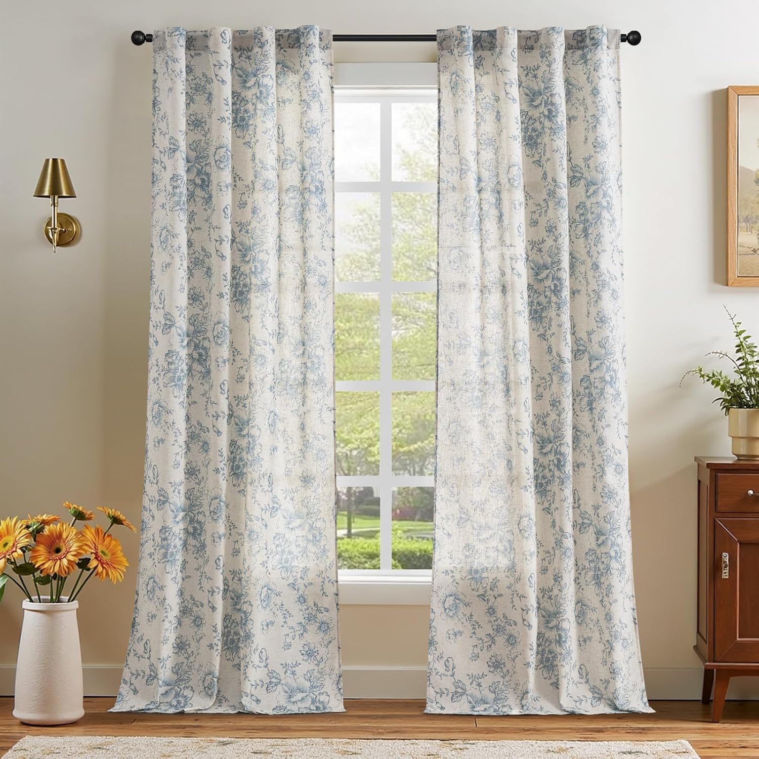 jinchan Linen Blend Curtain Floral Curtains for Living Room 108 Inch Length Black Printed Curtain Rod Pocket Back Tab Farmhouse Peony Flower Patterned Drapes Bedroom Window Curtains Set 2 Panels