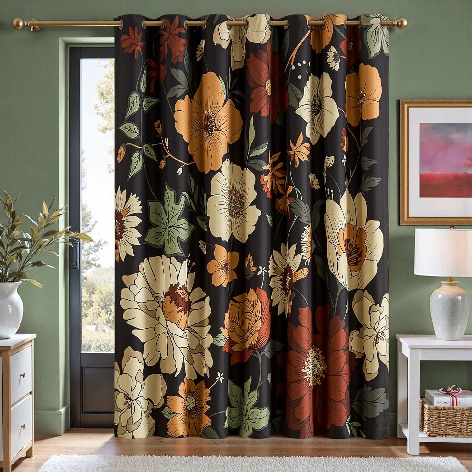 jinchan Lora Floral Curtains for Bedroom Blackout Drapes for Living Room Darkening Fabric Fall Decor Winter Vintage Flower Pattern Printed Window Curtains 84 Inches Length 2 Panels with Grommet Black
