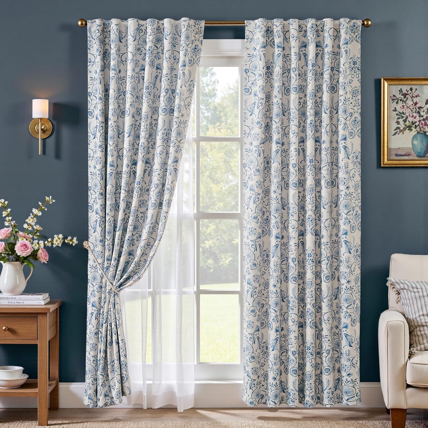 jinchan Floral Blackout Curtains for Bedroom Living Room 84 Inches Length Farmhouse Curtains Room Darkening Vintage Drapes Traditional Rod Pocket Window Treatment 2 Panels Set Sage Green on Beige