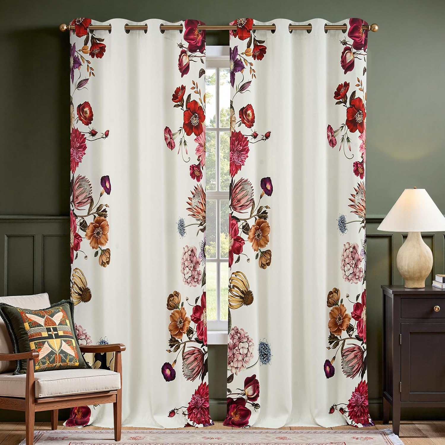 jinchan Lora Floral Curtains for Bedroom Blackout Drapes for Living Room Darkening Fabric Fall Decor Winter Vintage Flower Pattern Printed Window Curtains 84 Inches Length 2 Panels with Grommet Black