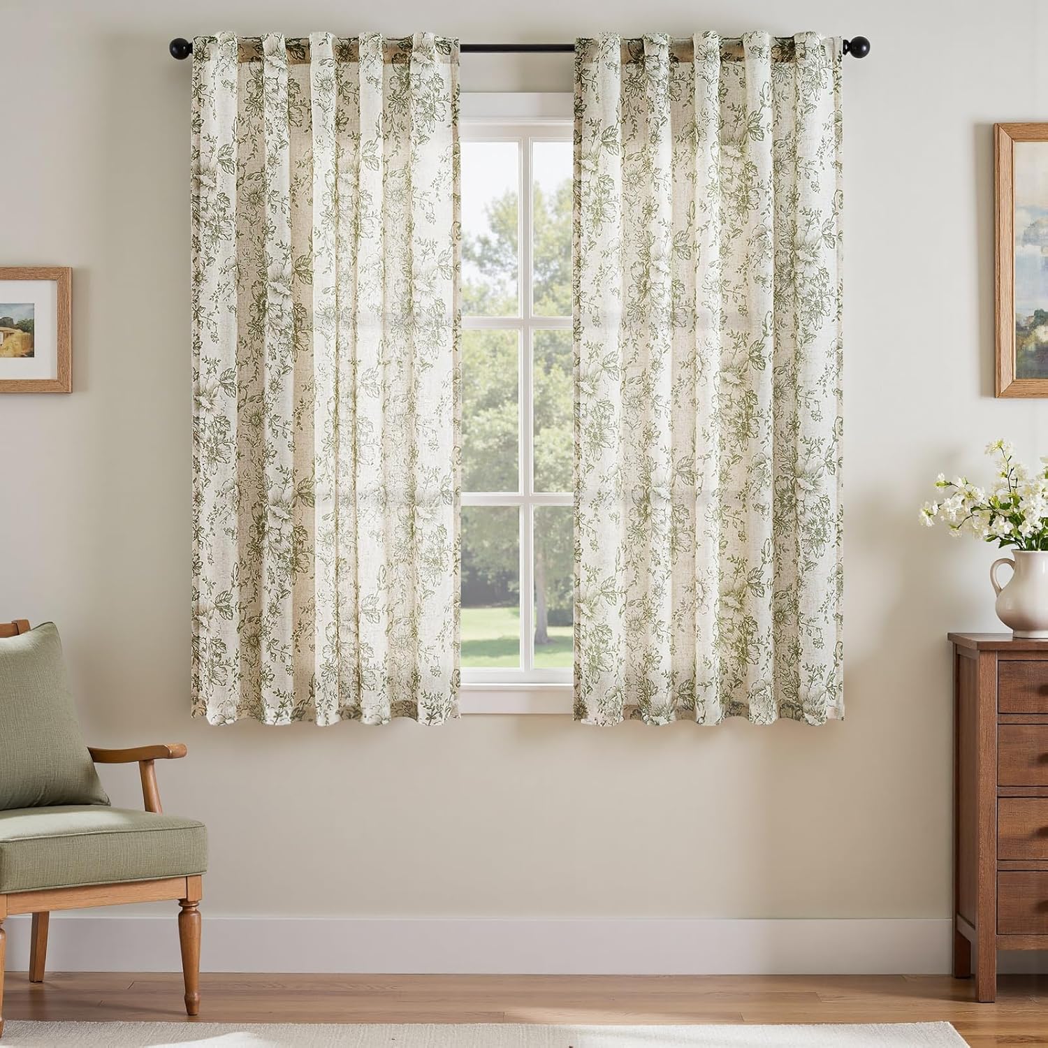 jinchan Linen Blend Curtain Floral Curtains for Living Room 108 Inch Length Black Printed Curtain Rod Pocket Back Tab Farmhouse Peony Flower Patterned Drapes Bedroom Window Curtains Set 2 Panels