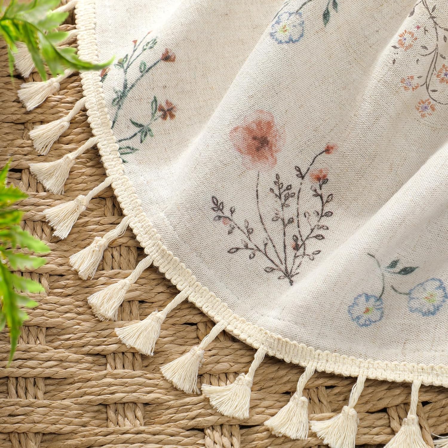 Boho Floral 100% Blackout Curtains 84 Inch Length 2 Panels Set, Linen Texture Farmhouse Curtains Beige Tassel for Living Room Bedroom Vintage Rustic Patterned Printed Western Rod Pocket