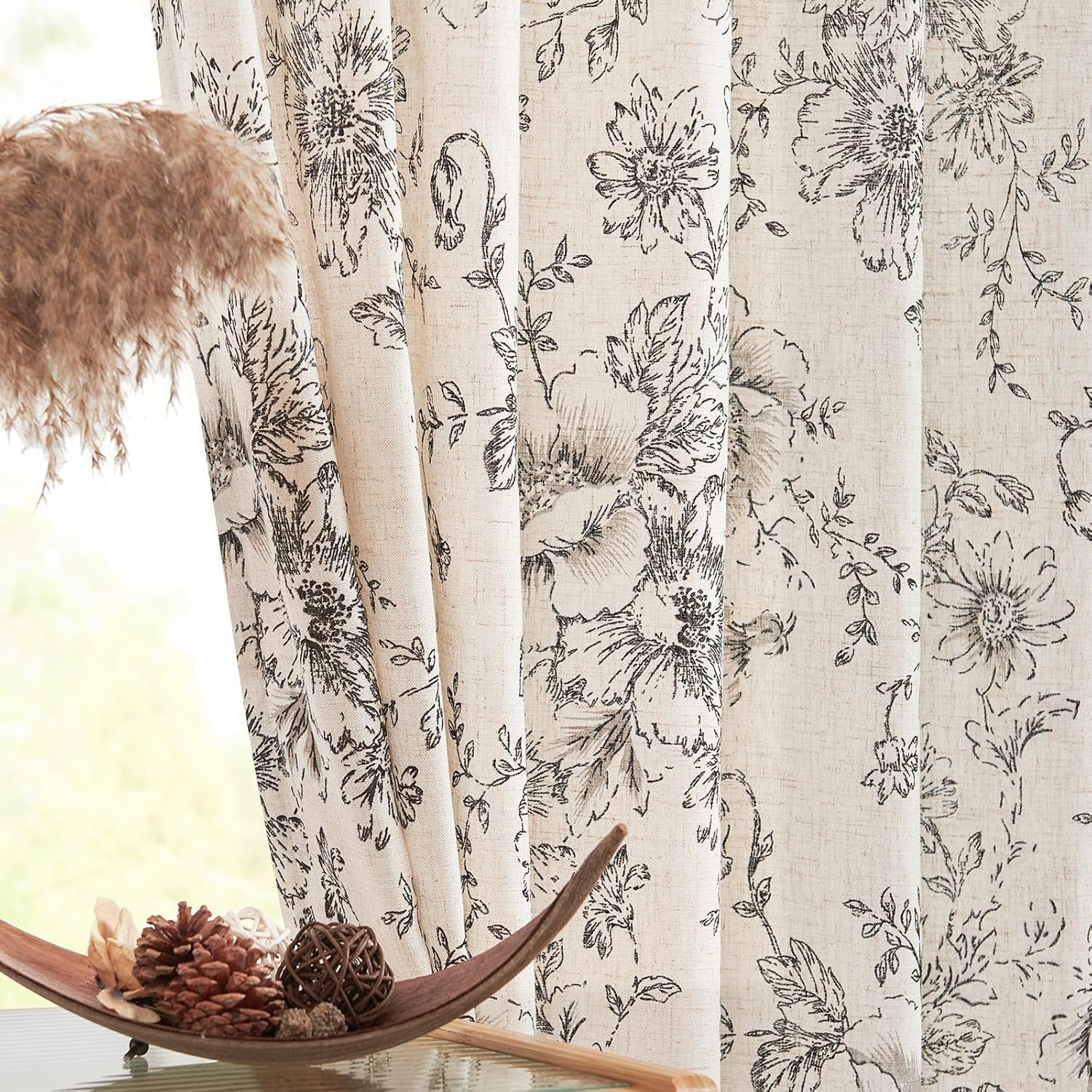 jinchan Linen Blend Curtain Floral Curtains for Living Room 108 Inch Length Black Printed Curtain Rod Pocket Back Tab Farmhouse Peony Flower Patterned Drapes Bedroom Window Curtains Set 2 Panels