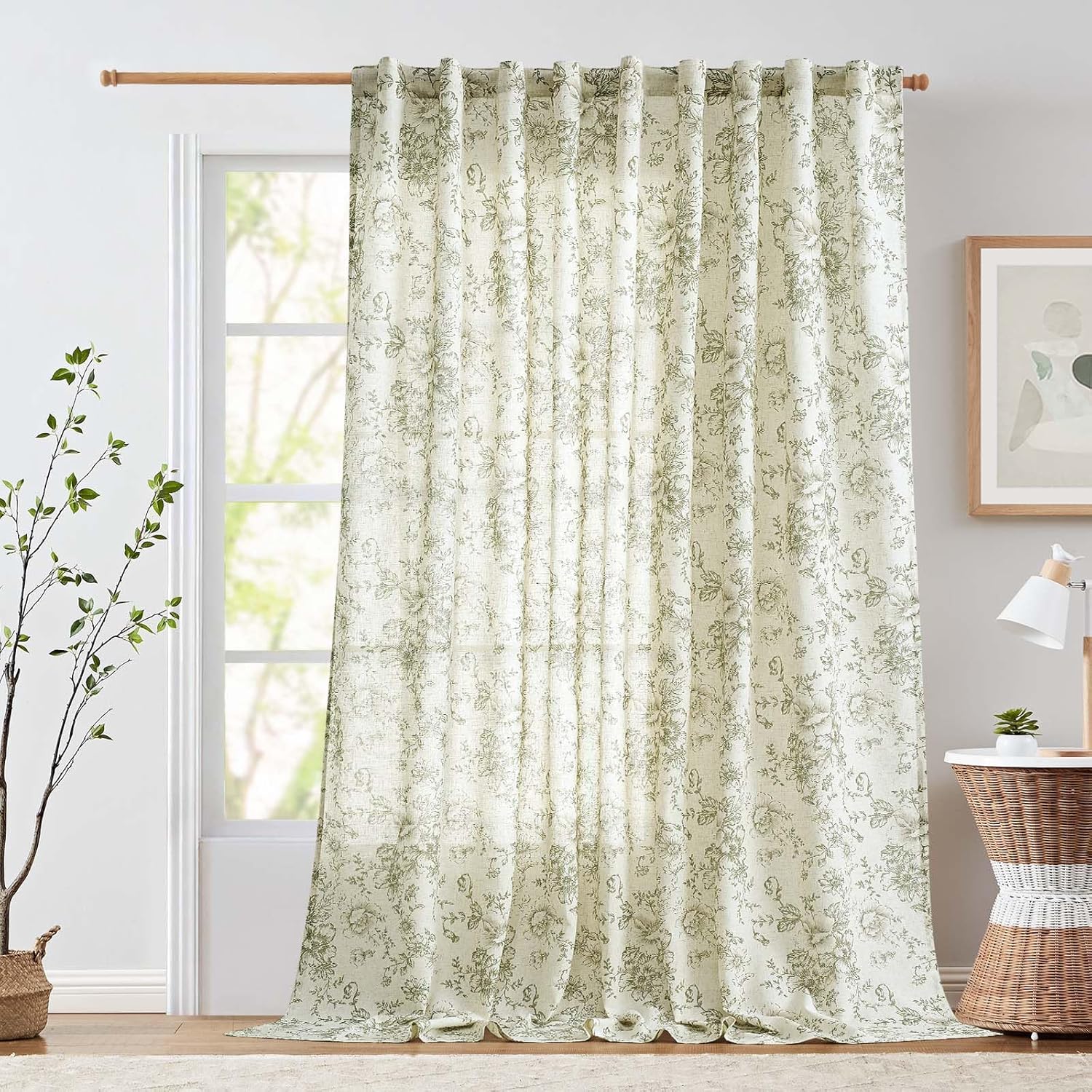 jinchan Linen Blend Curtain Floral Curtains for Living Room 108 Inch Length Black Printed Curtain Rod Pocket Back Tab Farmhouse Peony Flower Patterned Drapes Bedroom Window Curtains Set 2 Panels