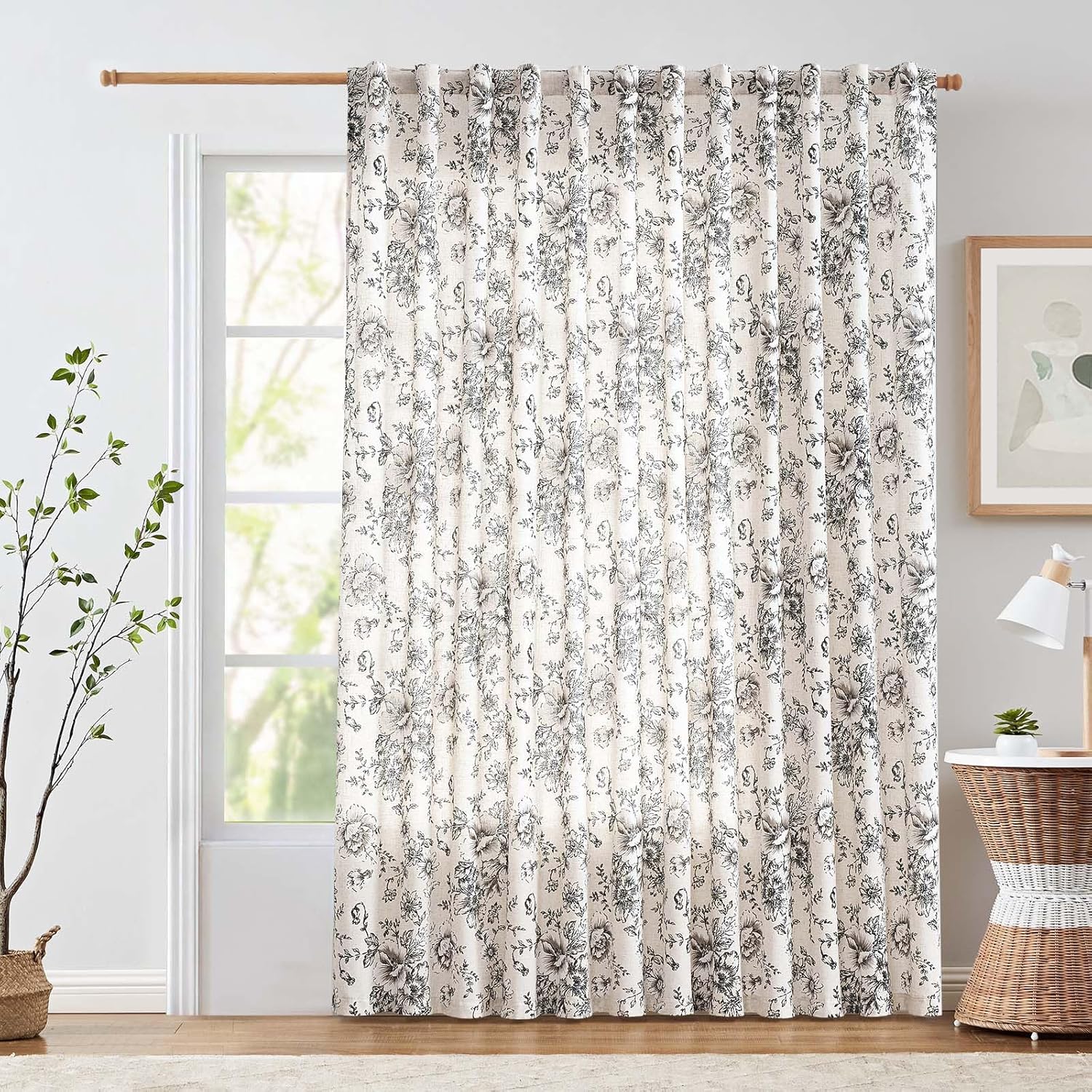 jinchan Linen Blend Curtain Floral Curtains for Living Room 108 Inch Length Black Printed Curtain Rod Pocket Back Tab Farmhouse Peony Flower Patterned Drapes Bedroom Window Curtains Set 2 Panels