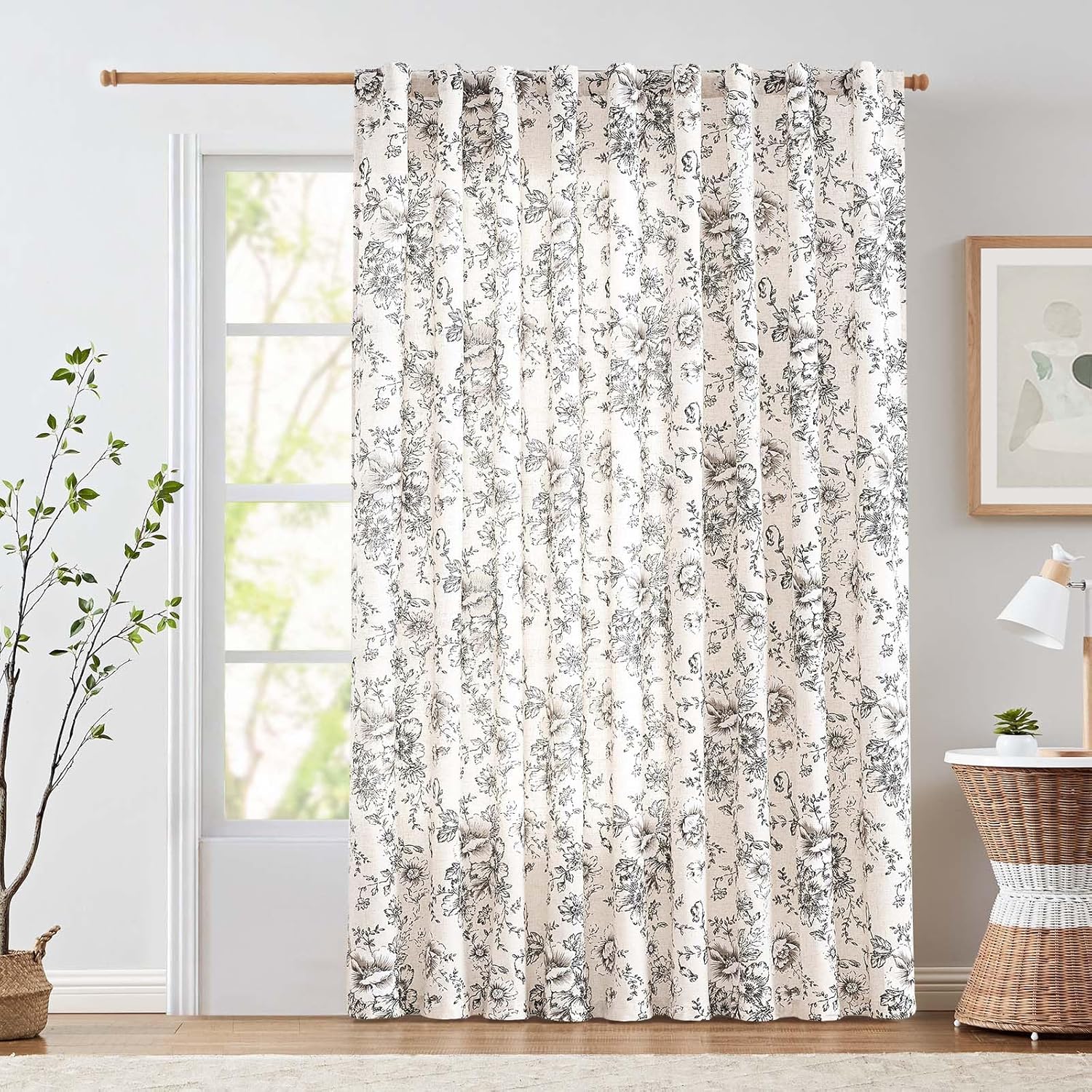 jinchan Linen Blend Curtain Floral Curtains for Living Room 108 Inch Length Black Printed Curtain Rod Pocket Back Tab Farmhouse Peony Flower Patterned Drapes Bedroom Window Curtains Set 2 Panels
