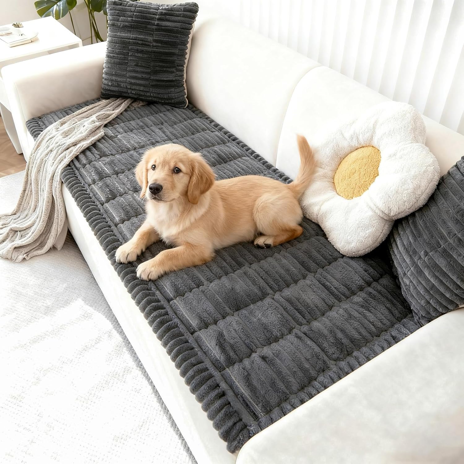 Capslpad Sofa Covers for Pets Washable Non Slip Dog Couch Cover Fuzzy Sofa Slipcover Geometric Pet Friendly Mat Cushion Protector Travel Pet Mat for Living Bedroom Car Back Seat, White 27.5"x82.6"