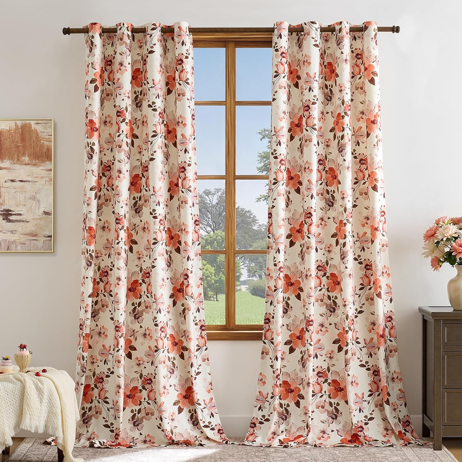 Pink Floral Curtains 84 Inch for Girl Bedroom Velvet Curtain Drapes with Whimsical Botanical Flower Pattern Aesthetic Anthropologie Modern Farmhouse Room Darkening Living Room Window Curtains,2 Panels