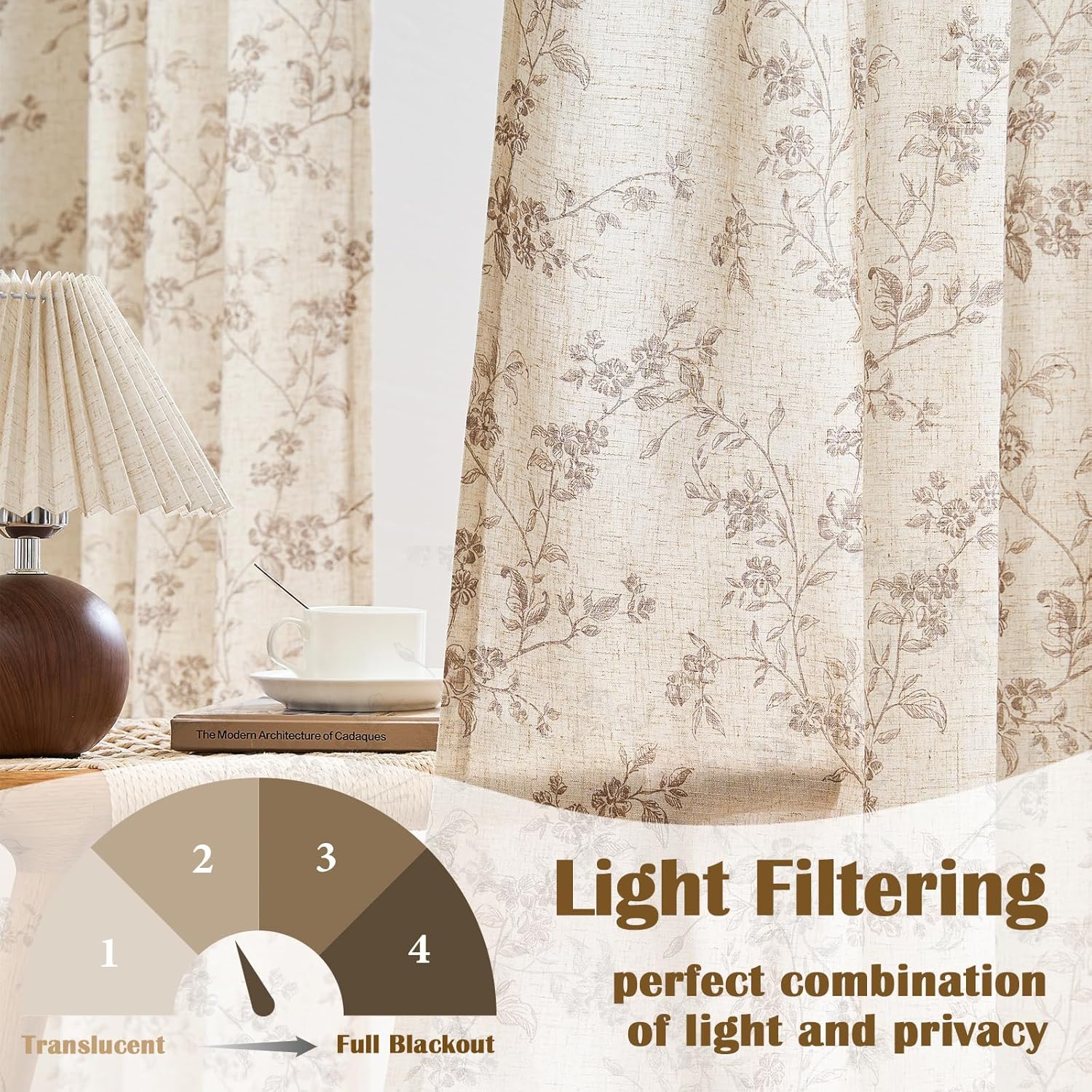 Lazzzy Taupe Floral Linen Curtains 84 Inch Farmhouse Curtain Back Tab Drapes for Living Room Bedroom Light Filtering Vintage Rod Pocket Curtains Fall Decorations for Home, 2 Panels, Taupe on Beige