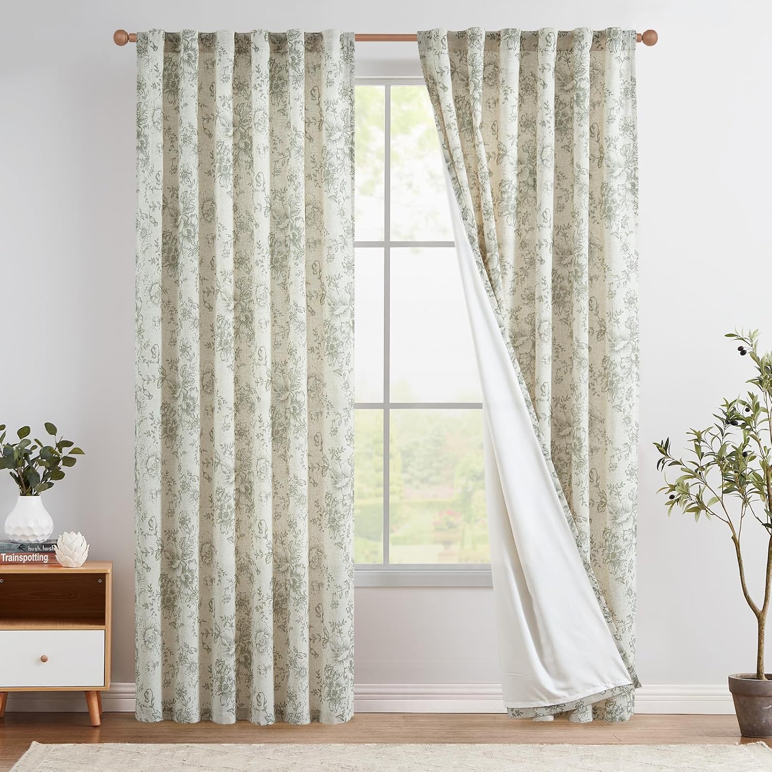 jinchan Linen Blend Curtain Floral Curtains for Living Room 108 Inch Length Black Printed Curtain Rod Pocket Back Tab Farmhouse Peony Flower Patterned Drapes Bedroom Window Curtains Set 2 Panels