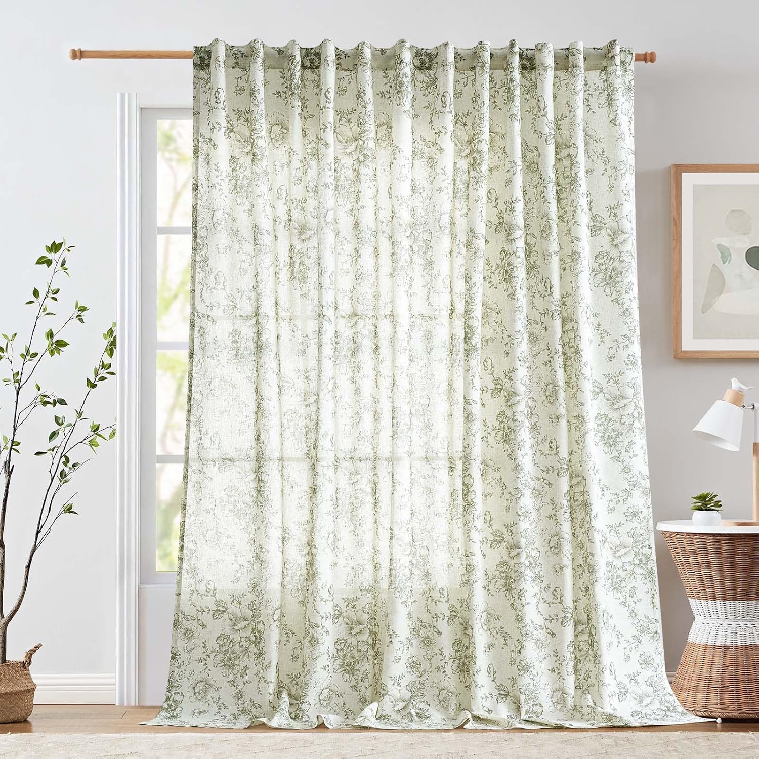 jinchan Linen Blend Curtain Floral Curtains for Living Room 108 Inch Length Black Printed Curtain Rod Pocket Back Tab Farmhouse Peony Flower Patterned Drapes Bedroom Window Curtains Set 2 Panels