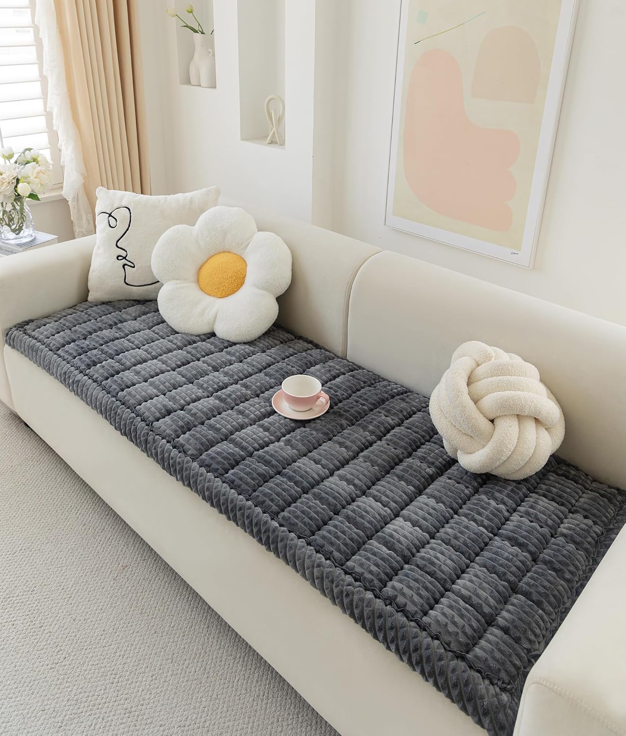 Couch Cover for Dogs Washable, Fuzzy Pet Cover for Sofa, Covers for 3 Cushion Couch Pet Friendly, Non Slip Dog Bed Mat Blanket (White, 27.6x82.7 inch)