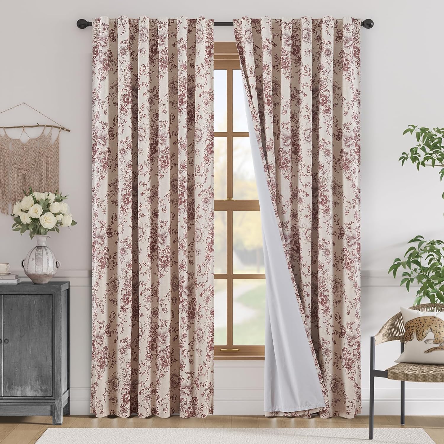 jinchan Linen Blend Curtain Floral Curtains for Living Room 108 Inch Length Black Printed Curtain Rod Pocket Back Tab Farmhouse Peony Flower Patterned Drapes Bedroom Window Curtains Set 2 Panels