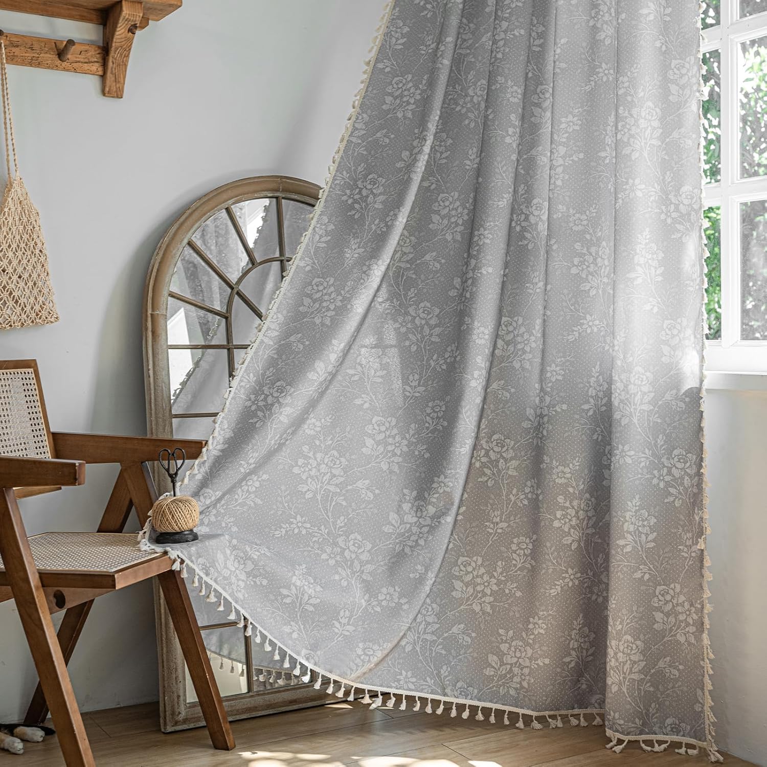 ENJOYBRIDAL Floral Bedroom Curtains 84 Inch Length 2 Panels Set Farmhouse Semi Sheer Living Room Drapes Cotton Linen Blend Bohemian Window Curtain Panels with Tassel Beige Rod Pocket Drapes