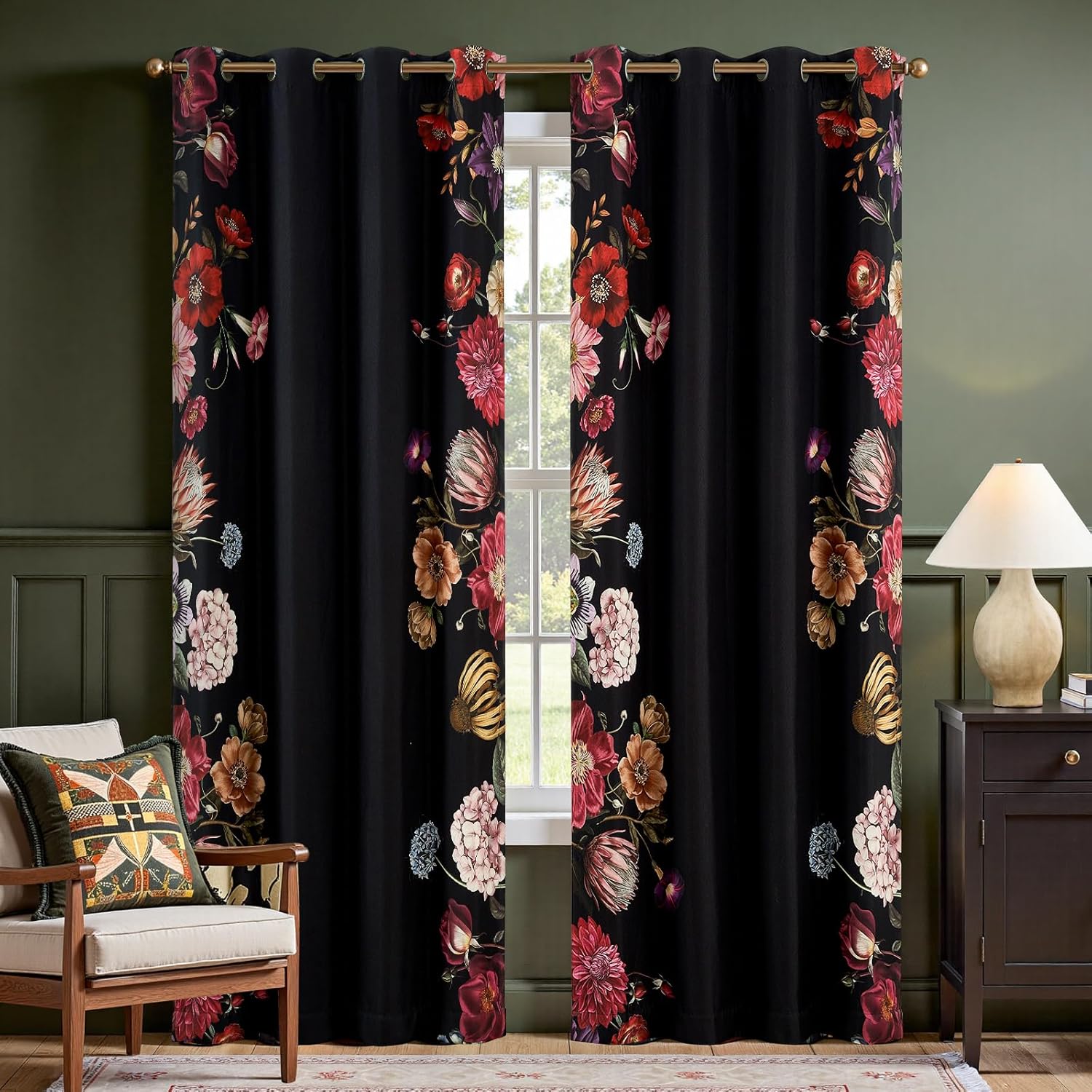 jinchan Lora Floral Curtains for Bedroom Blackout Drapes for Living Room Darkening Fabric Fall Decor Winter Vintage Flower Pattern Printed Window Curtains 84 Inches Length 2 Panels with Grommet Black