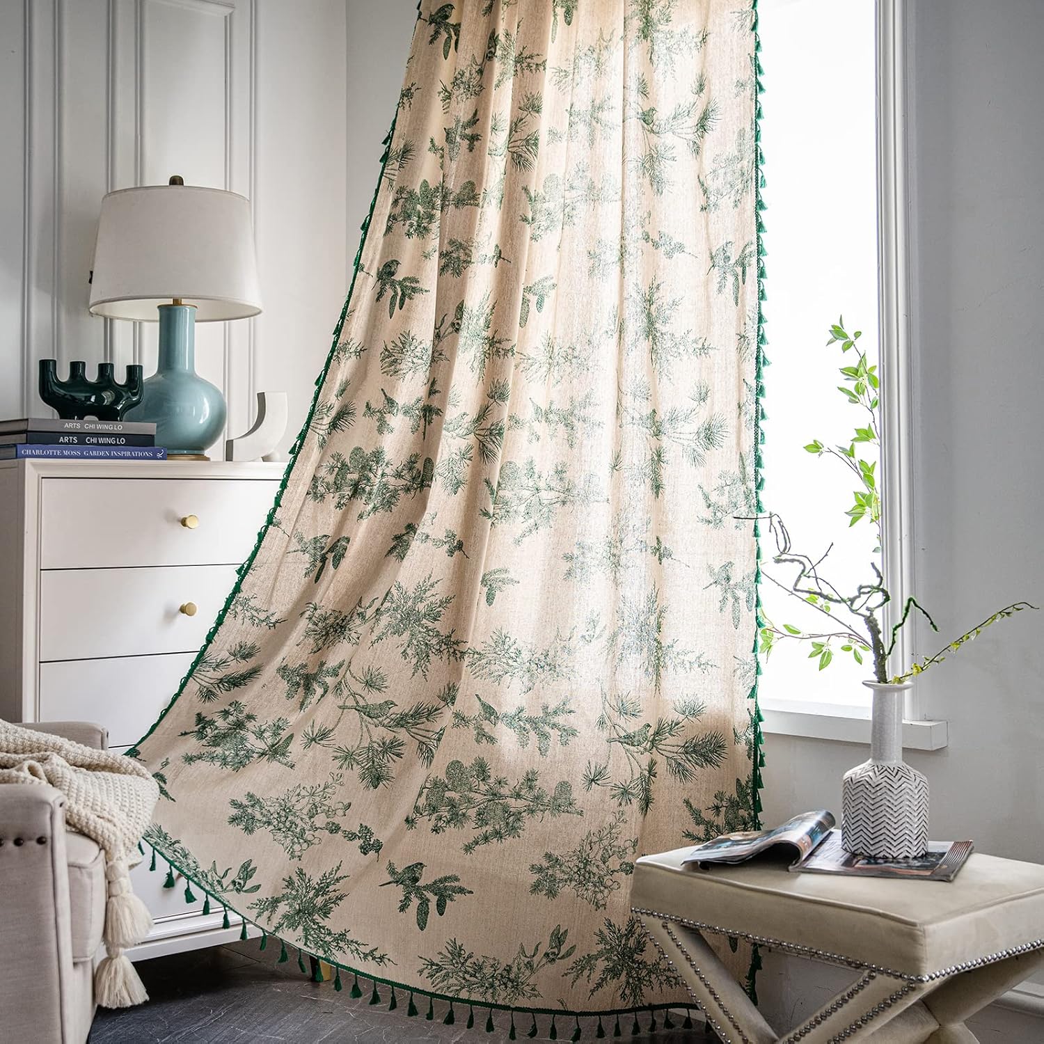 ENJOYBRIDAL Floral Bedroom Curtains 84 Inch Length 2 Panels Set Farmhouse Semi Sheer Living Room Drapes Cotton Linen Blend Bohemian Window Curtain Panels with Tassel Beige Rod Pocket Drapes