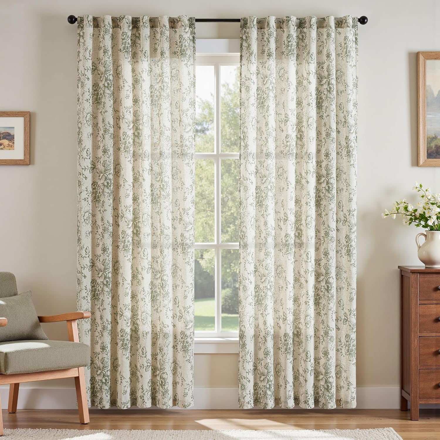 jinchan Linen Blend Curtain Floral Curtains for Living Room 108 Inch Length Black Printed Curtain Rod Pocket Back Tab Farmhouse Peony Flower Patterned Drapes Bedroom Window Curtains Set 2 Panels