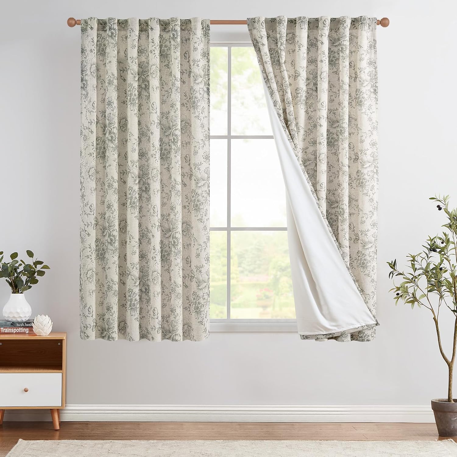 jinchan Linen Blend Curtain Floral Curtains for Living Room 108 Inch Length Black Printed Curtain Rod Pocket Back Tab Farmhouse Peony Flower Patterned Drapes Bedroom Window Curtains Set 2 Panels