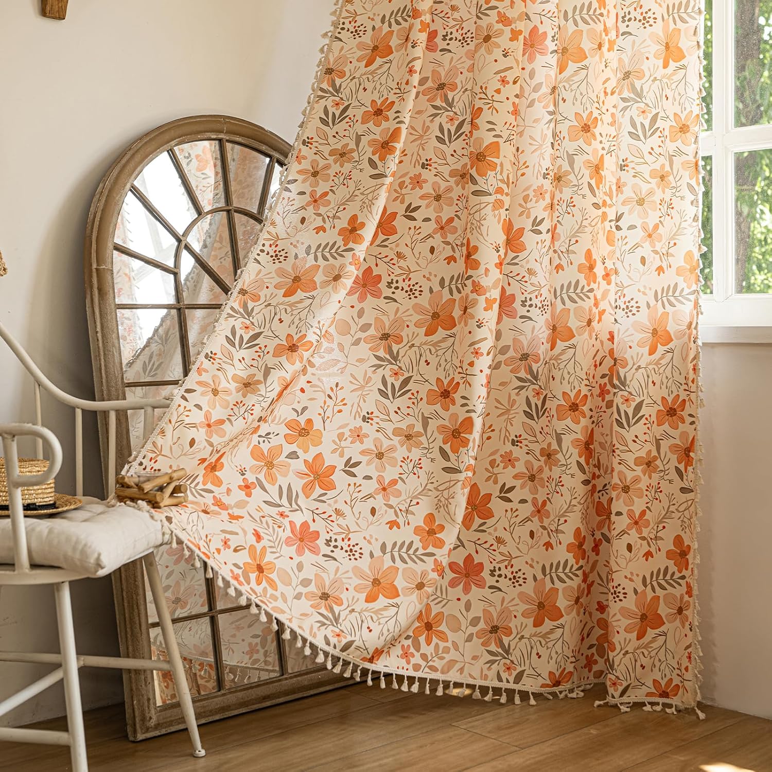ENJOYBRIDAL Floral Bedroom Curtains 84 Inch Length 2 Panels Set Farmhouse Semi Sheer Living Room Drapes Cotton Linen Blend Bohemian Window Curtain Panels with Tassel Beige Rod Pocket Drapes