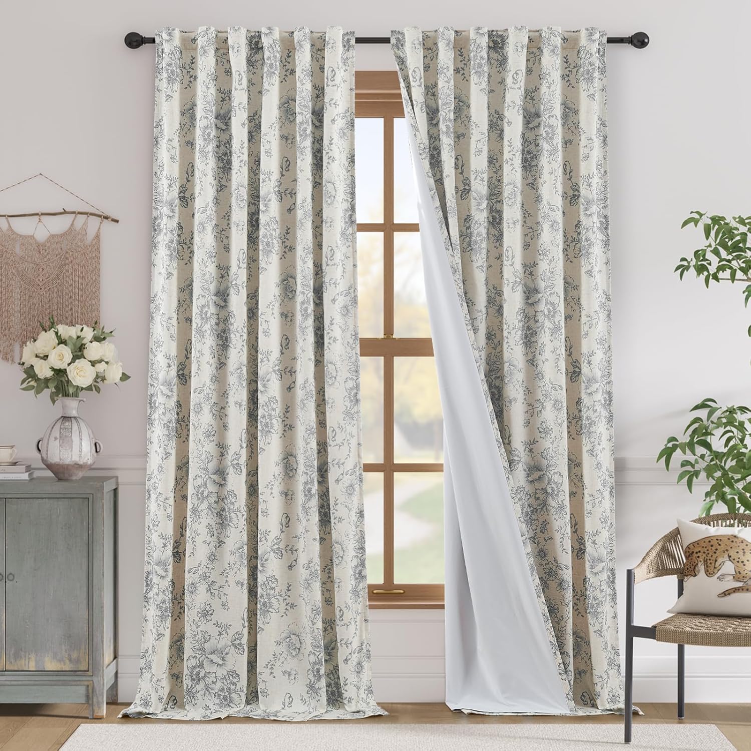 jinchan Linen Blend Curtain Floral Curtains for Living Room 108 Inch Length Black Printed Curtain Rod Pocket Back Tab Farmhouse Peony Flower Patterned Drapes Bedroom Window Curtains Set 2 Panels
