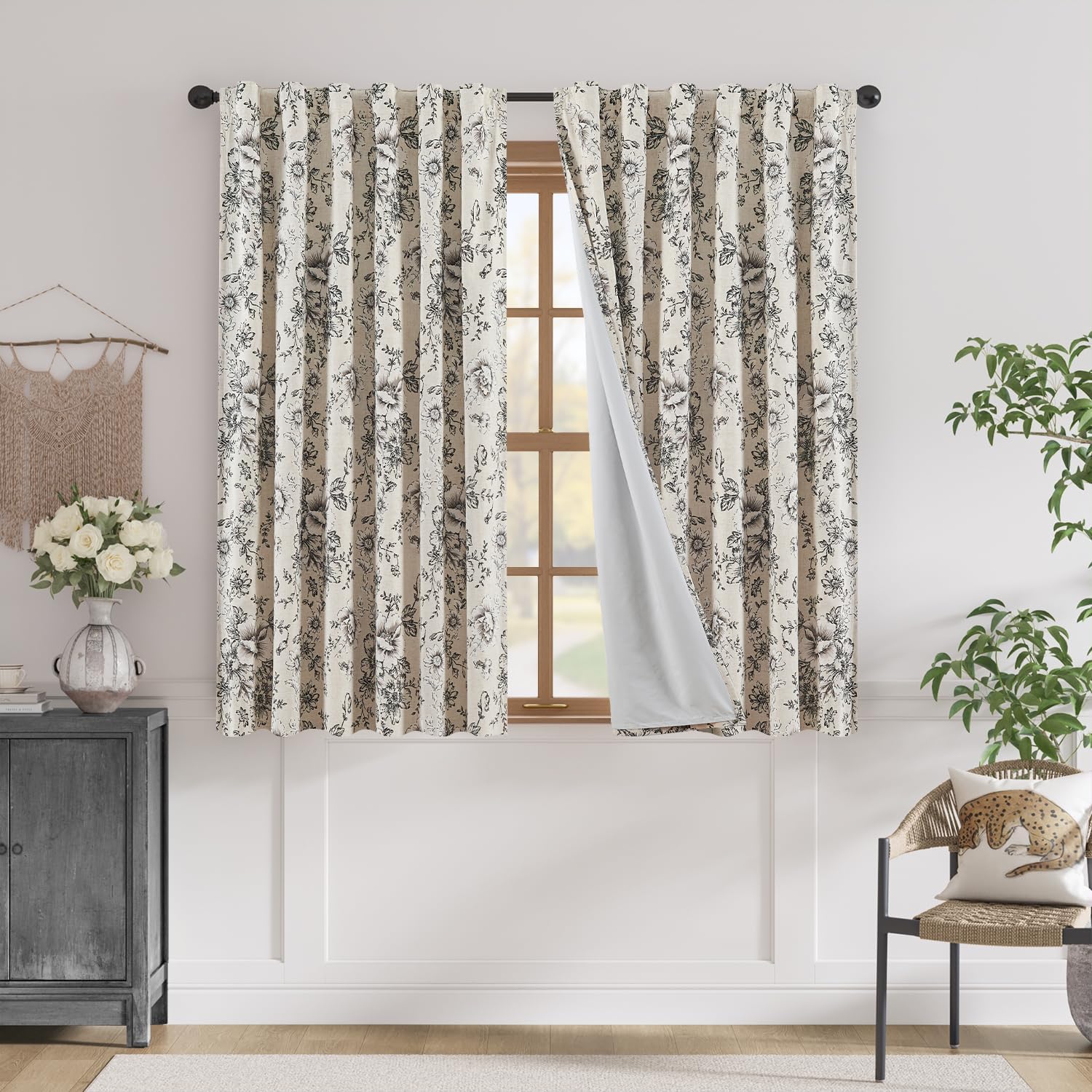 jinchan Linen Blend Curtain Floral Curtains for Living Room 108 Inch Length Black Printed Curtain Rod Pocket Back Tab Farmhouse Peony Flower Patterned Drapes Bedroom Window Curtains Set 2 Panels