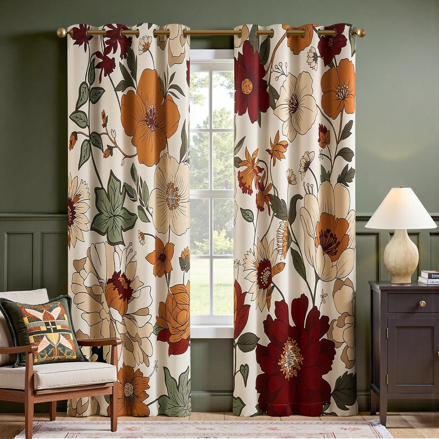 jinchan Lora Floral Curtains for Bedroom Blackout Drapes for Living Room Darkening Fabric Fall Decor Winter Vintage Flower Pattern Printed Window Curtains 84 Inches Length 2 Panels with Grommet Black