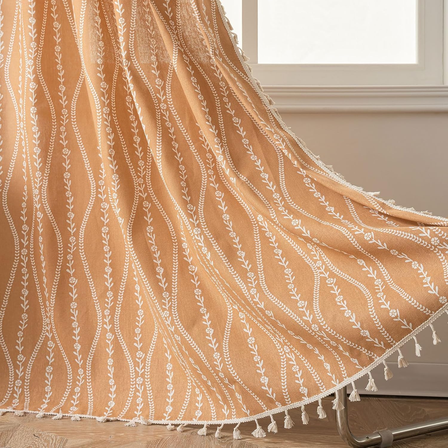 ENJOYBRIDAL Floral Bedroom Curtains 84 Inch Length 2 Panels Set Farmhouse Semi Sheer Living Room Drapes Cotton Linen Blend Bohemian Window Curtain Panels with Tassel Beige Rod Pocket Drapes