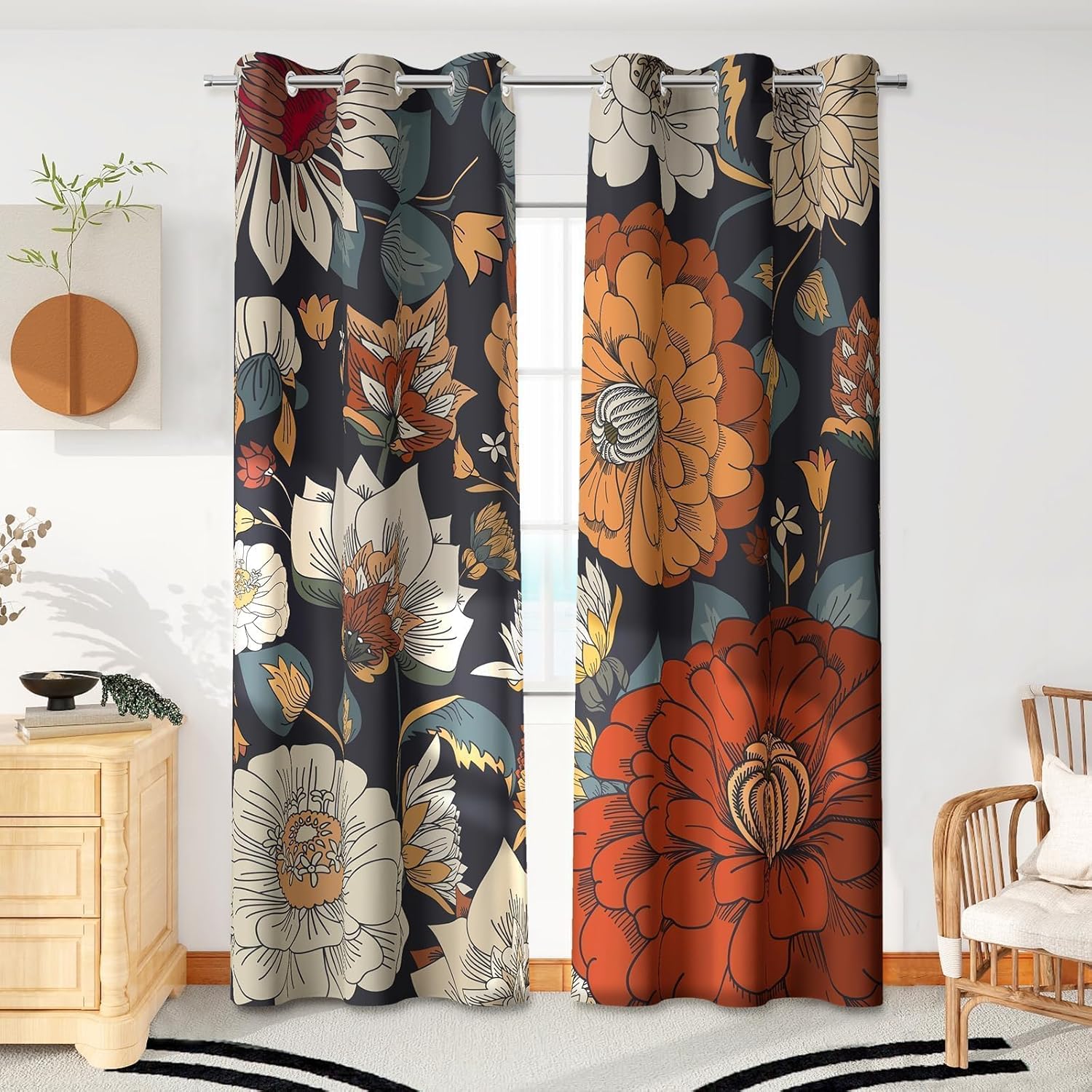 Black Boho Floral 100% Blackout Curtains for Bedroom 96 inch Long 2 Panels Mid Century Botanical Black Out Curtains for Living Room Grommet Thermal Insulated Room Darkening Window Drapes,52Wx96L
