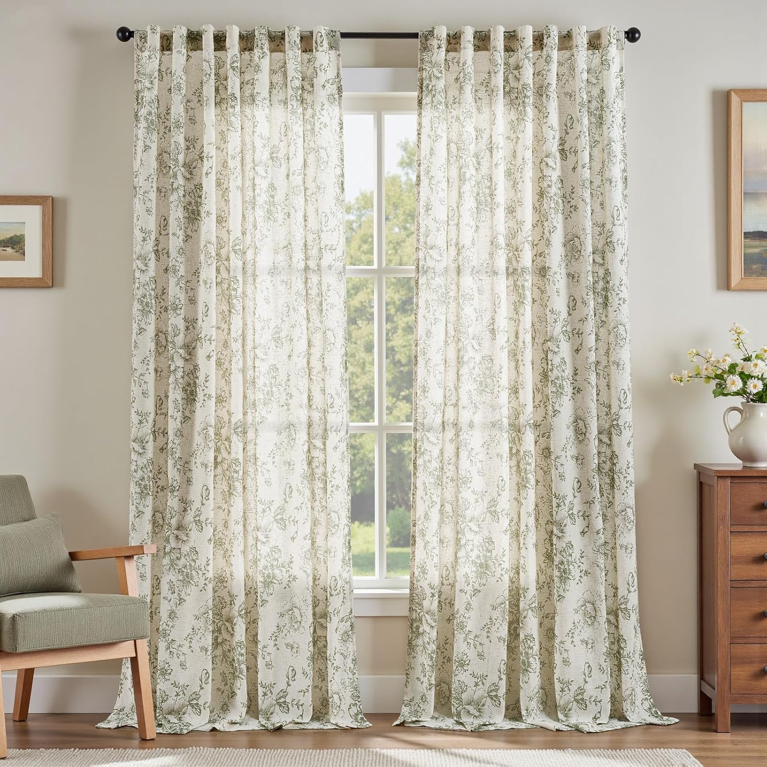 jinchan Linen Blend Curtain Floral Curtains for Living Room 108 Inch Length Black Printed Curtain Rod Pocket Back Tab Farmhouse Peony Flower Patterned Drapes Bedroom Window Curtains Set 2 Panels