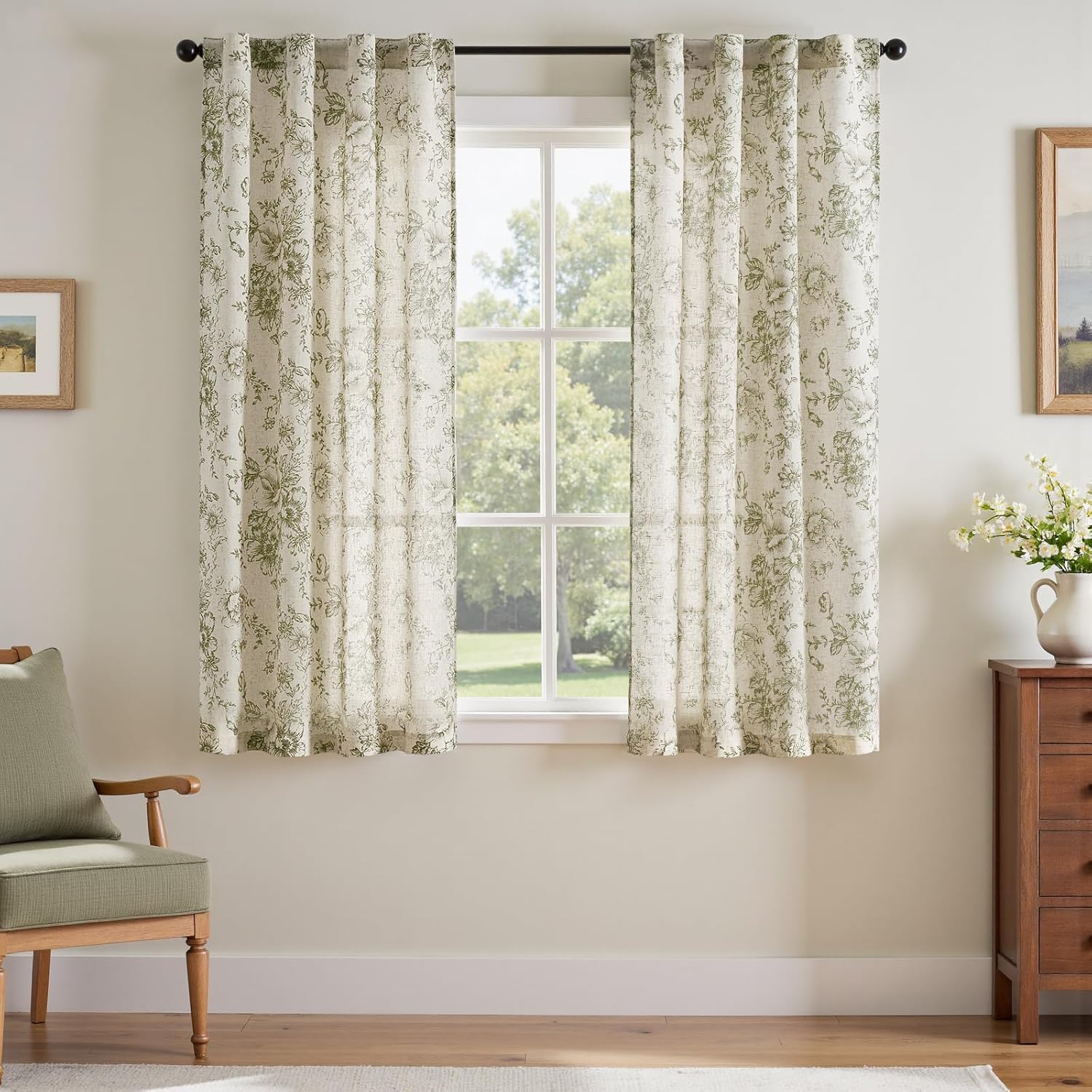 jinchan Linen Blend Curtain Floral Curtains for Living Room 108 Inch Length Black Printed Curtain Rod Pocket Back Tab Farmhouse Peony Flower Patterned Drapes Bedroom Window Curtains Set 2 Panels